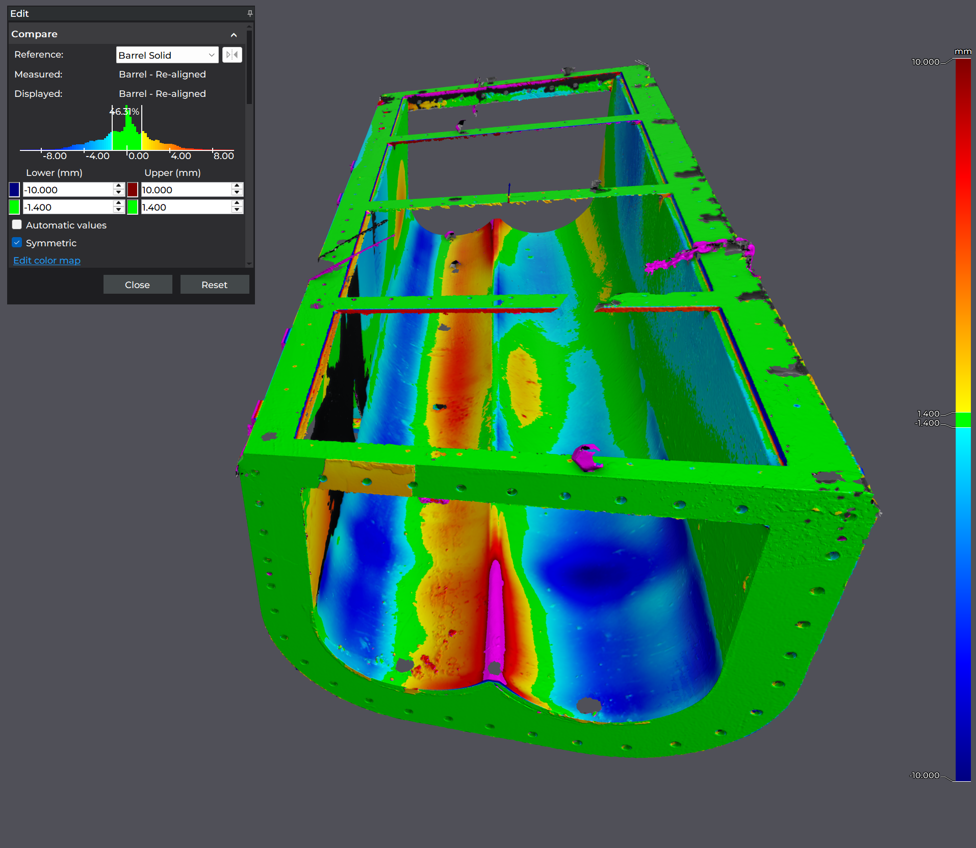 Wear analysis deviation map comparing nominal CAD geometry against an actual worn mixing drum scan