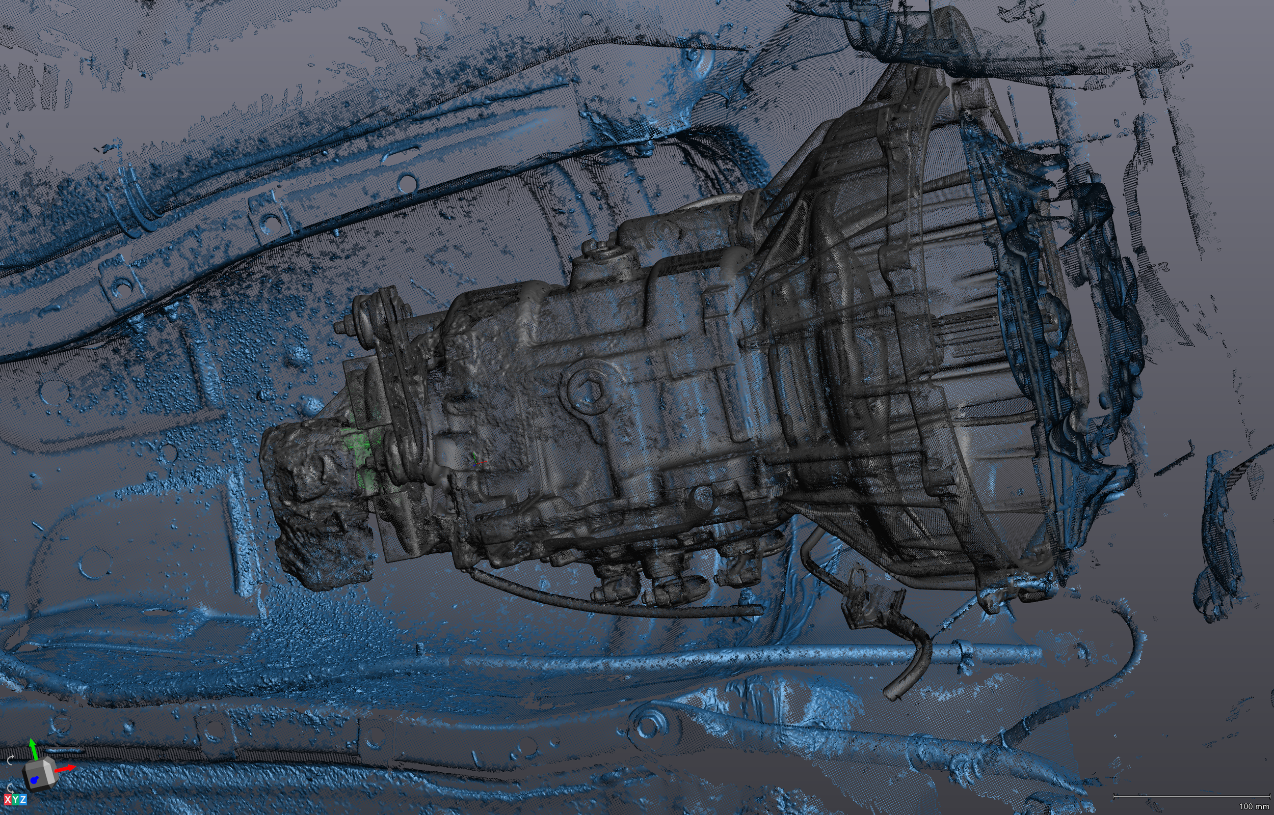 VXModel screenshot showing individual point cloud dots from a transmission tunnel scan — Schimmel Engineering Nashville