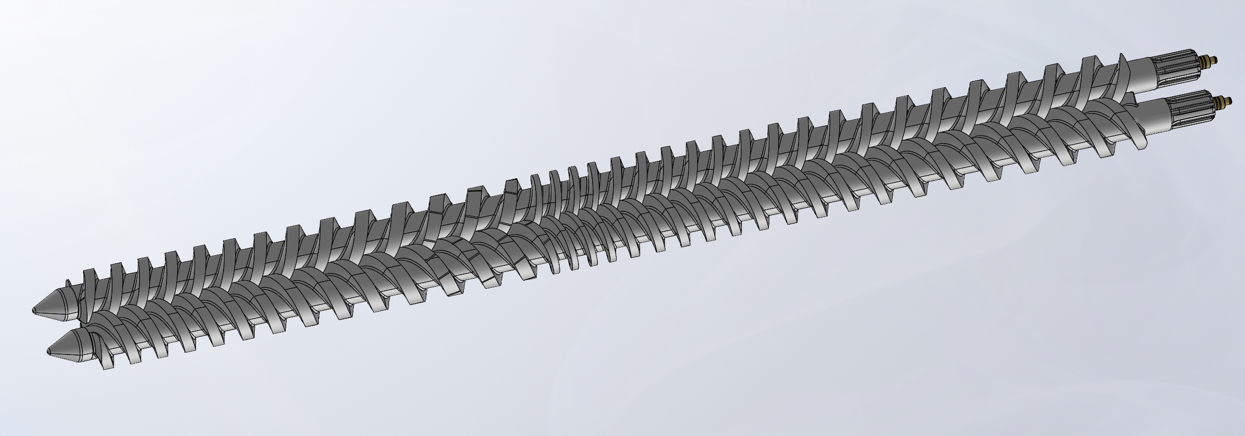 SolidWorks model showing both counter-rotating screws assembled relative to one another — demonstrating intermesh geometry