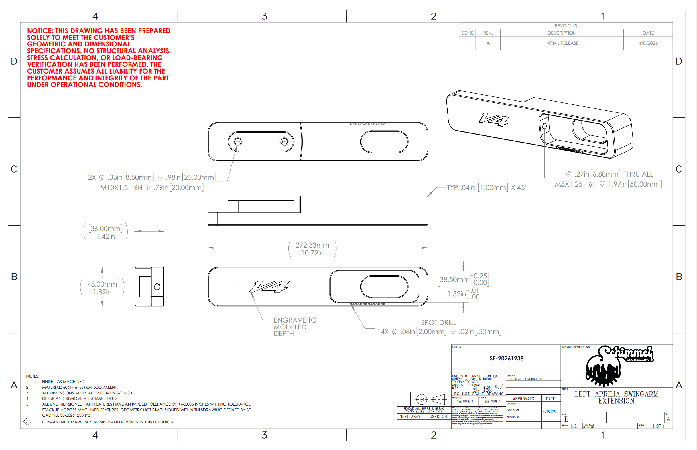 GD&T manufacturing drawing for Aprilia V4 swingarm extension — 2D print with tolerances and dimensions