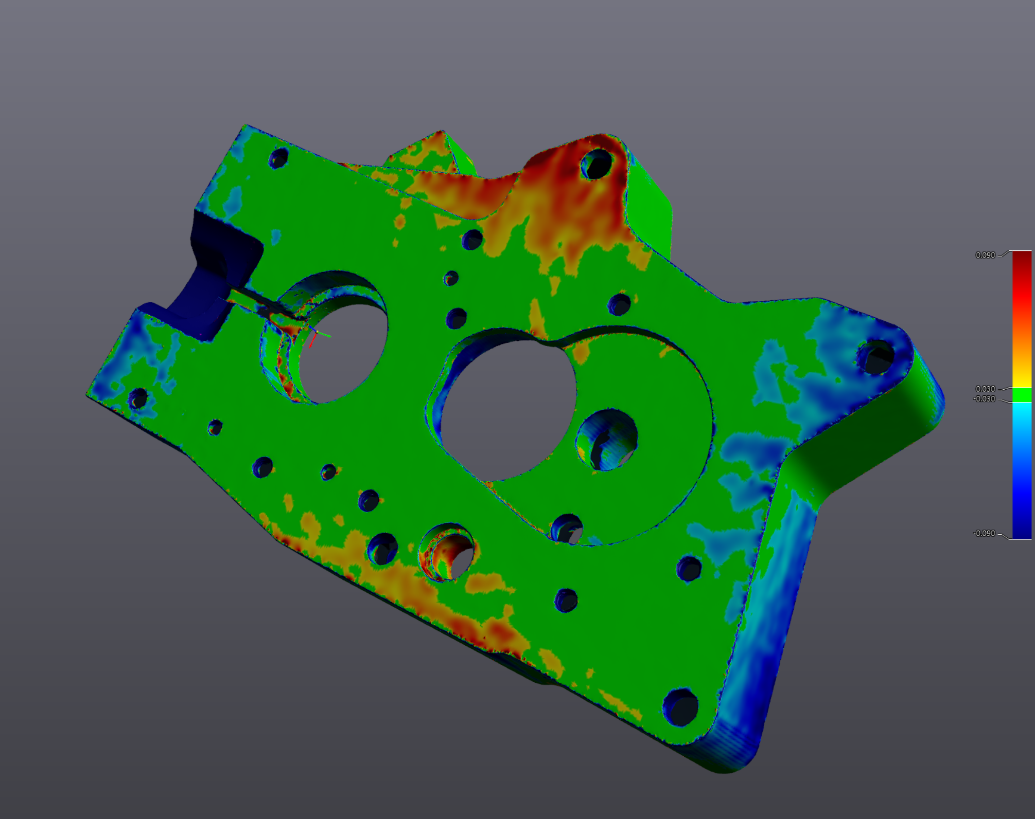 Surface deviation map comparing scanned part to nominal CAD