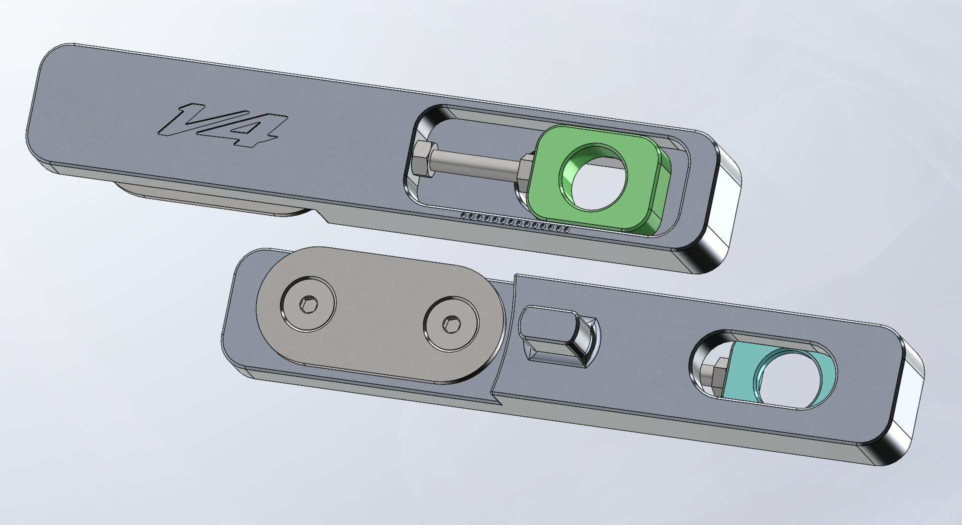SolidWorks render of Aprilia V4 swingarm extension — right side showing boss and V4 engraving