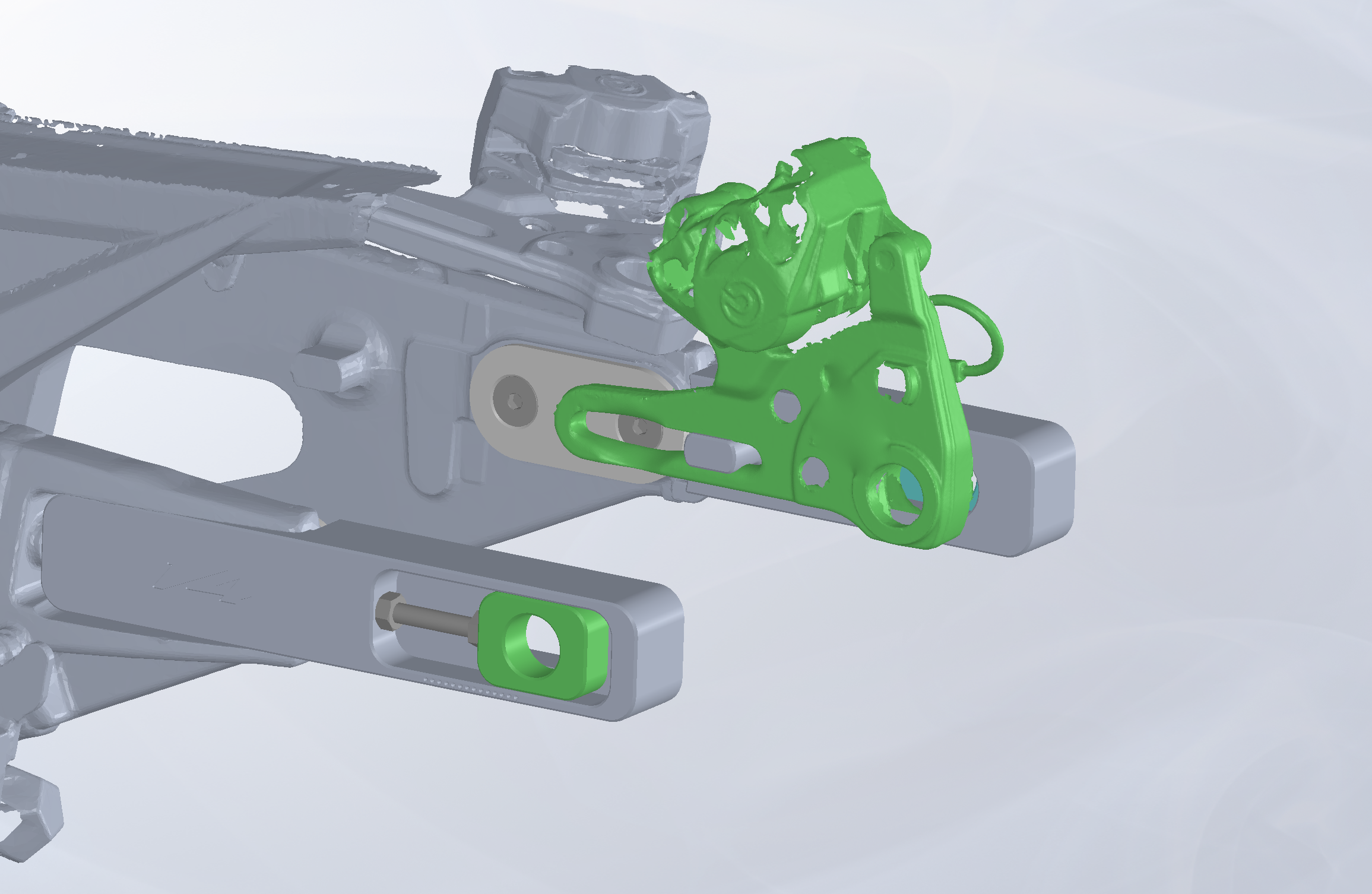 SolidWorks assembly render showing brake caliper clearance check against swingarm extension hat flange — Aprilia V4