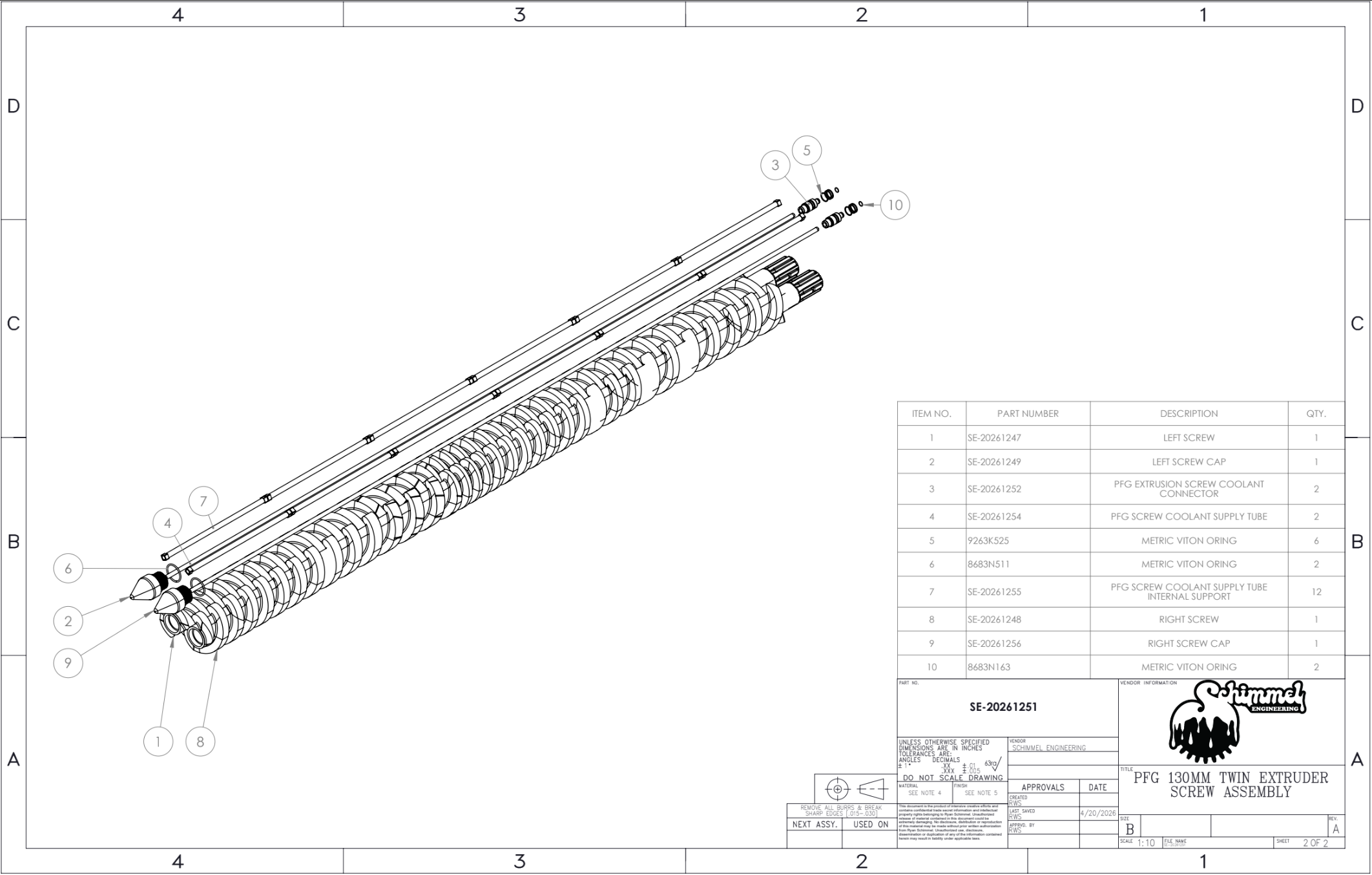 Exploded view with part numbers — complete documentation package for machine shop showing all components and assembly relationships