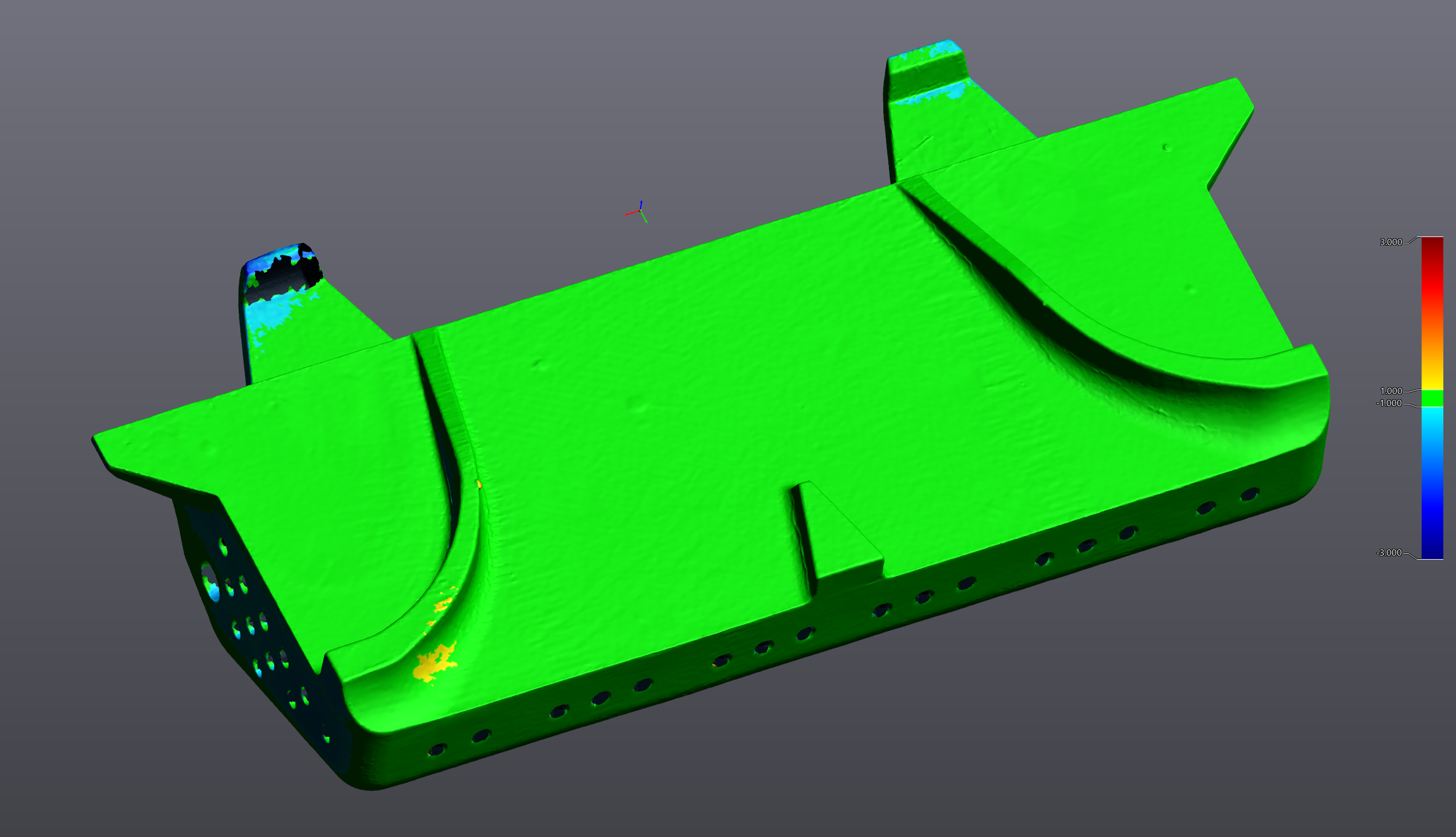 Surface deviation map — Distribution plate 1 — green predominance confirms casting within ±1mm of nominal