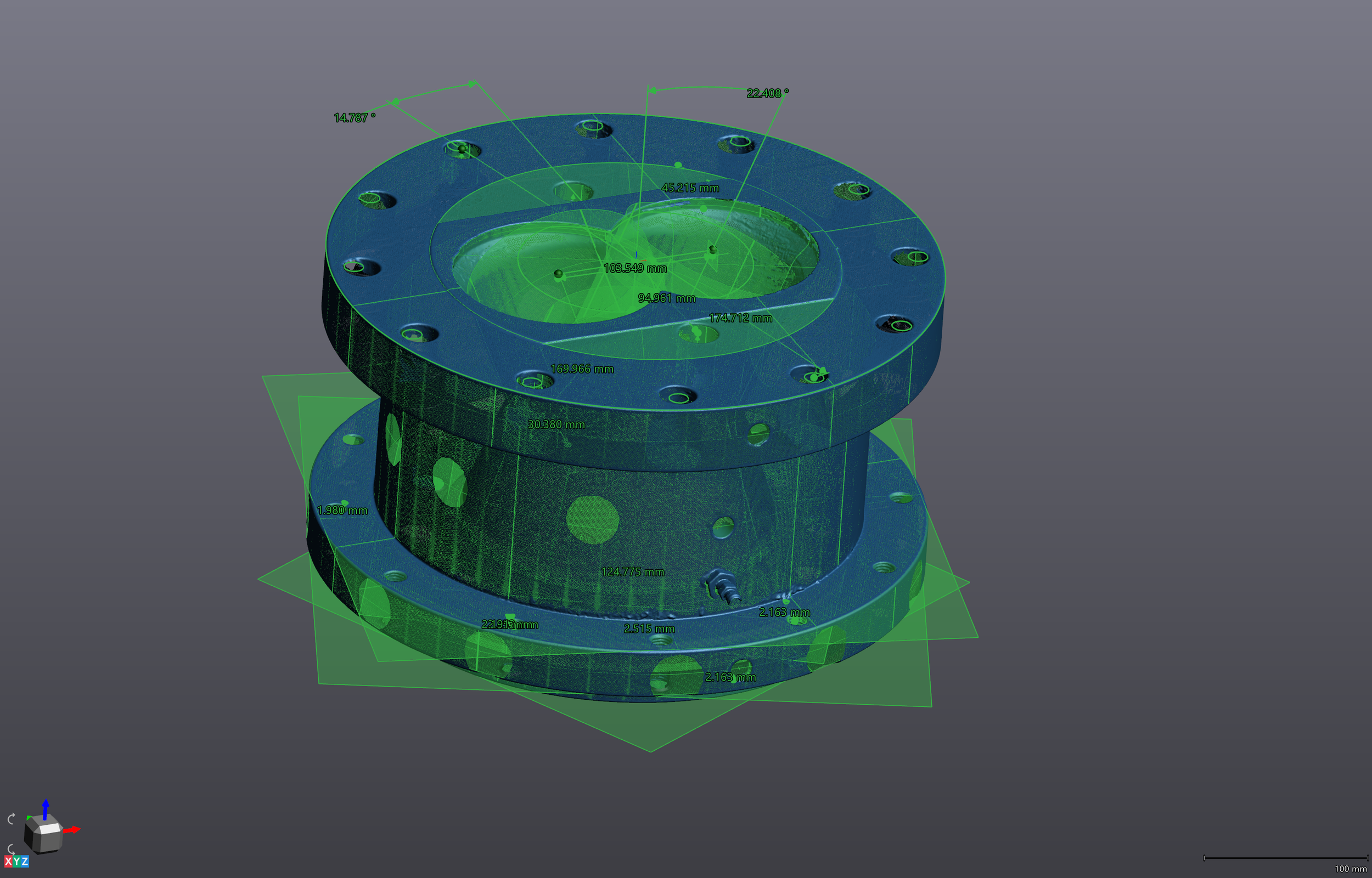 Best-fit cones, cylinders and planes fitted to laser scan data in VXModel — Schimmel Engineering reverse engineering workflow
