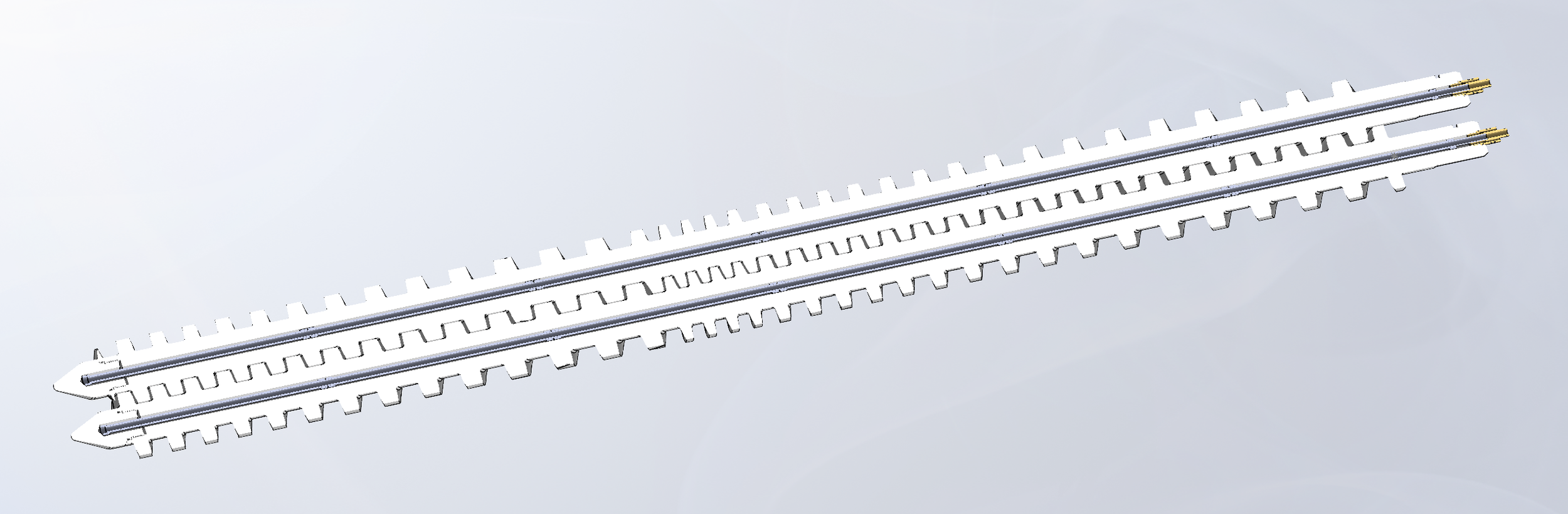Cross-section of both screws assembled in SolidWorks — showing internal cooling tubes, cooling jacket support, and brass end fittings in as-assembled position