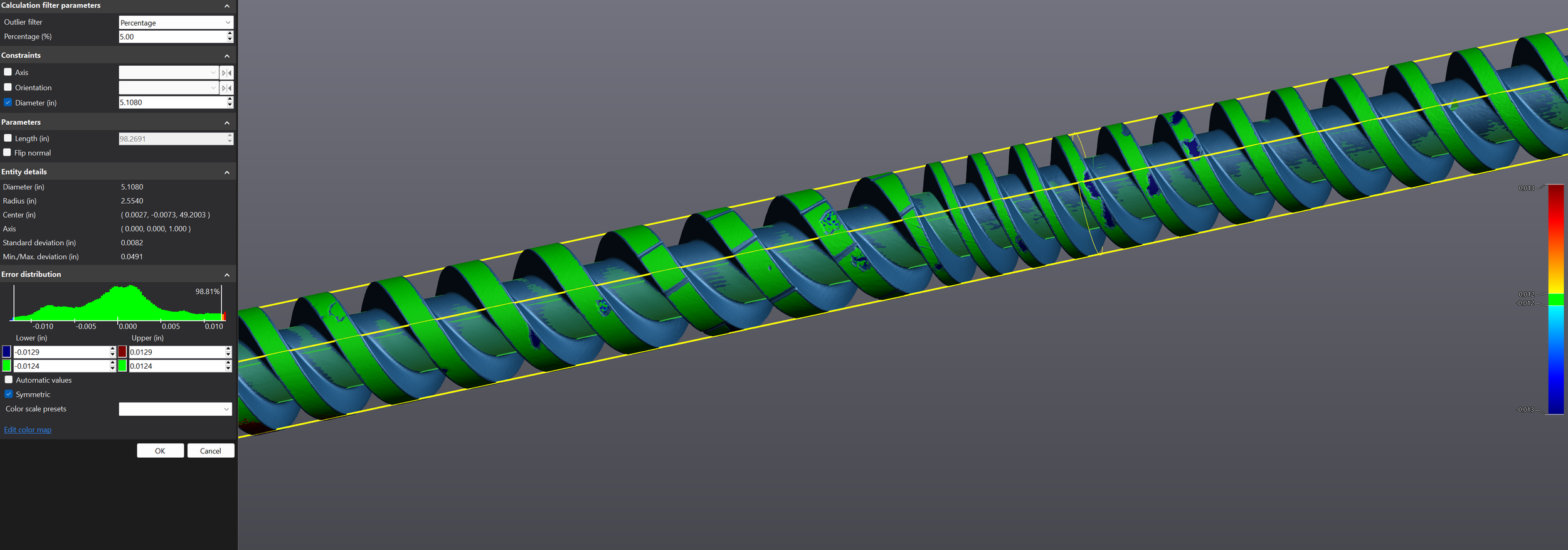 Surface deviation map of best-fit cylinder to screw body — showing damage distribution and magnitude across screw surface