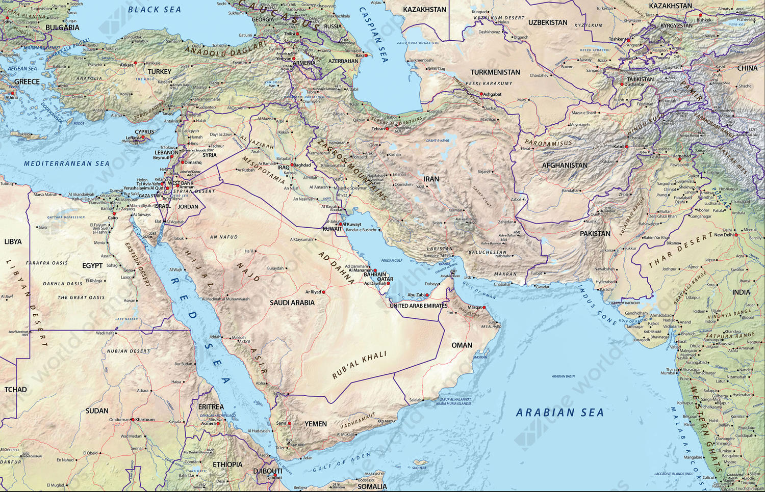 Евразия средиземное море. Middle East на карте. Карта ближнего Востока и Персидского залива. Карта красного моря и Персидского залива. Карта ближнего Востока и Аравийского полуострова.