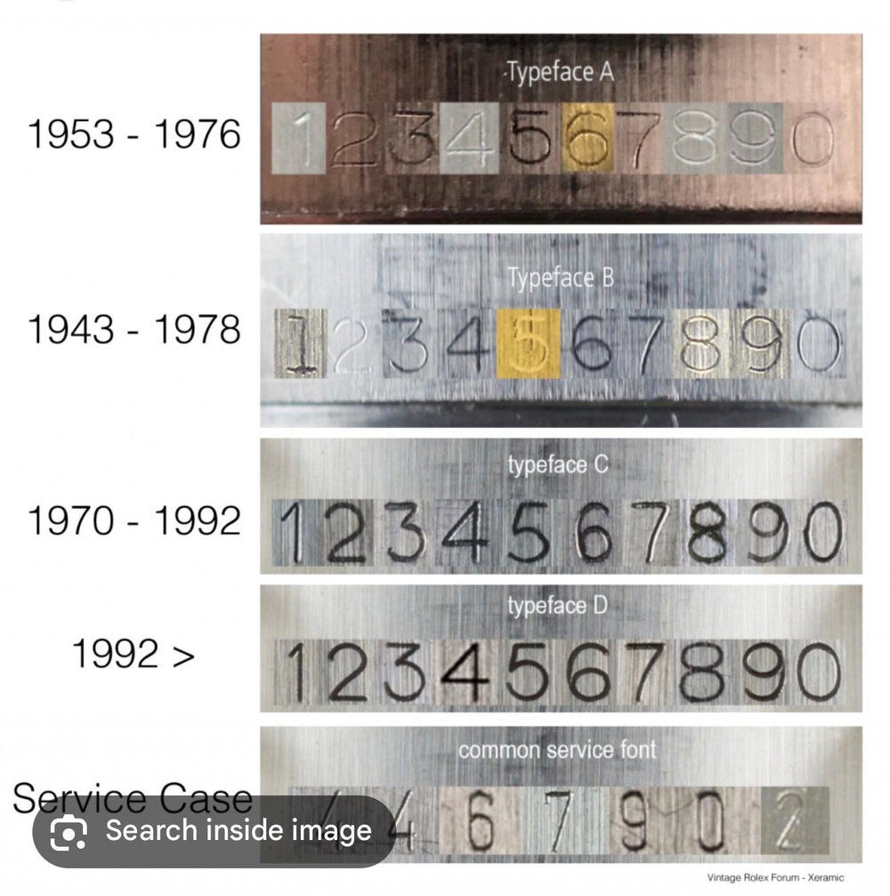 Historical Rolex engraving examples and a service-case font example