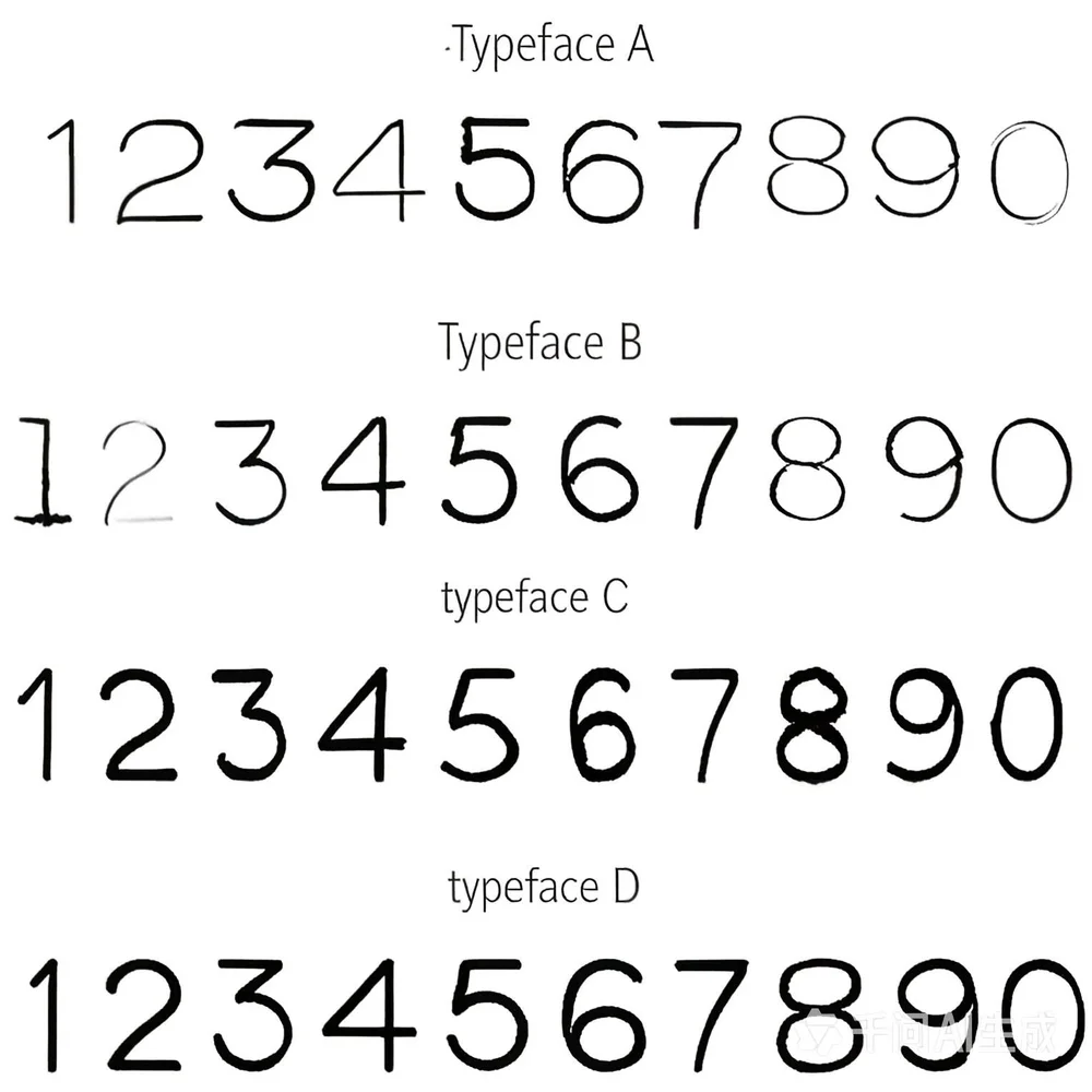 Supplied numeral illustration showing typefaces A to D