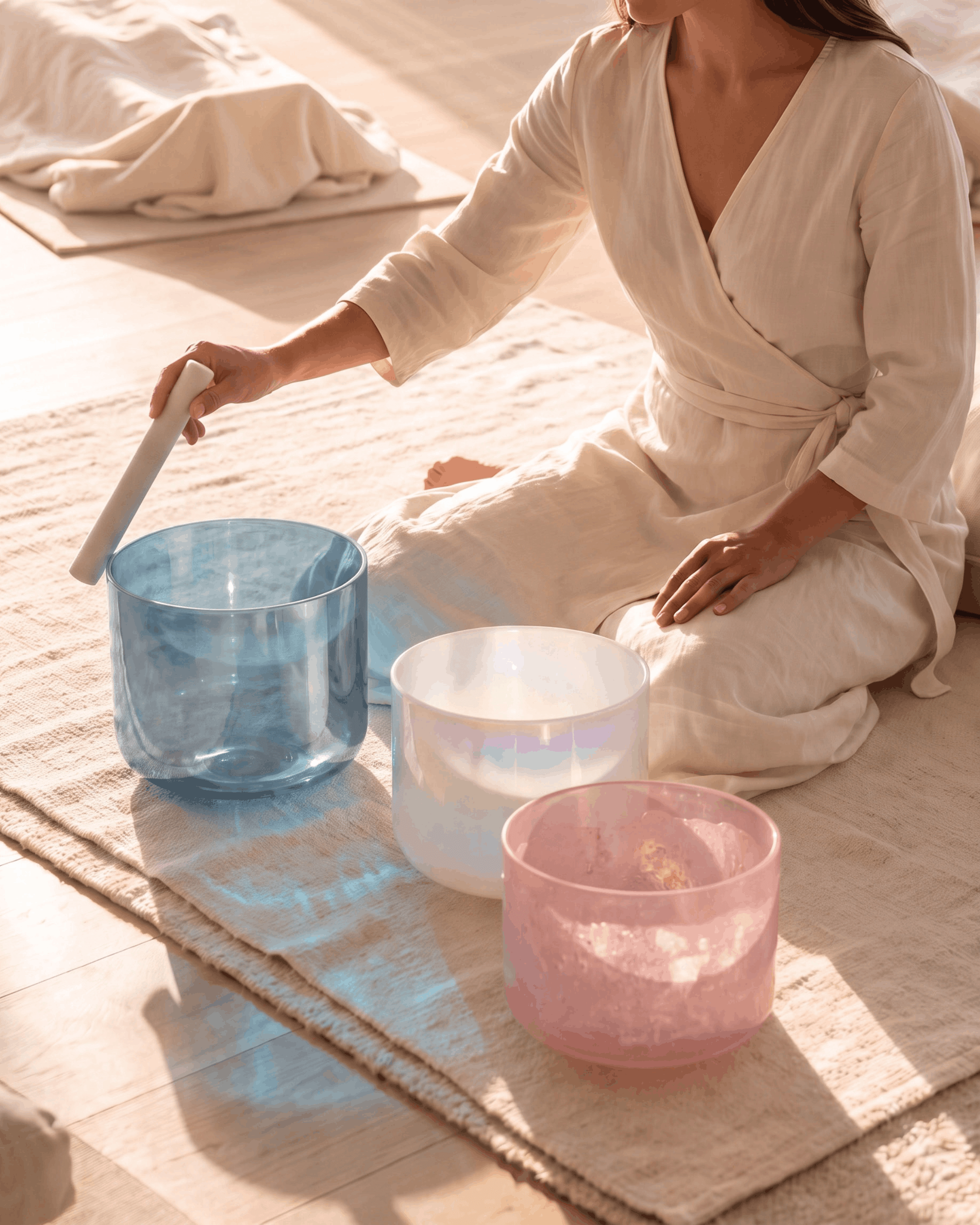 Group sound bath session with gong and singing bowls