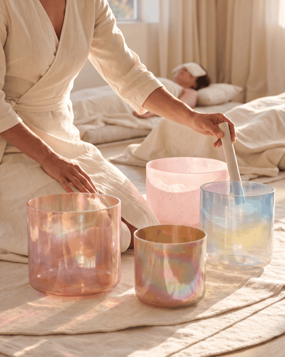 Practitioner playing crystal singing bowls beside a resting client