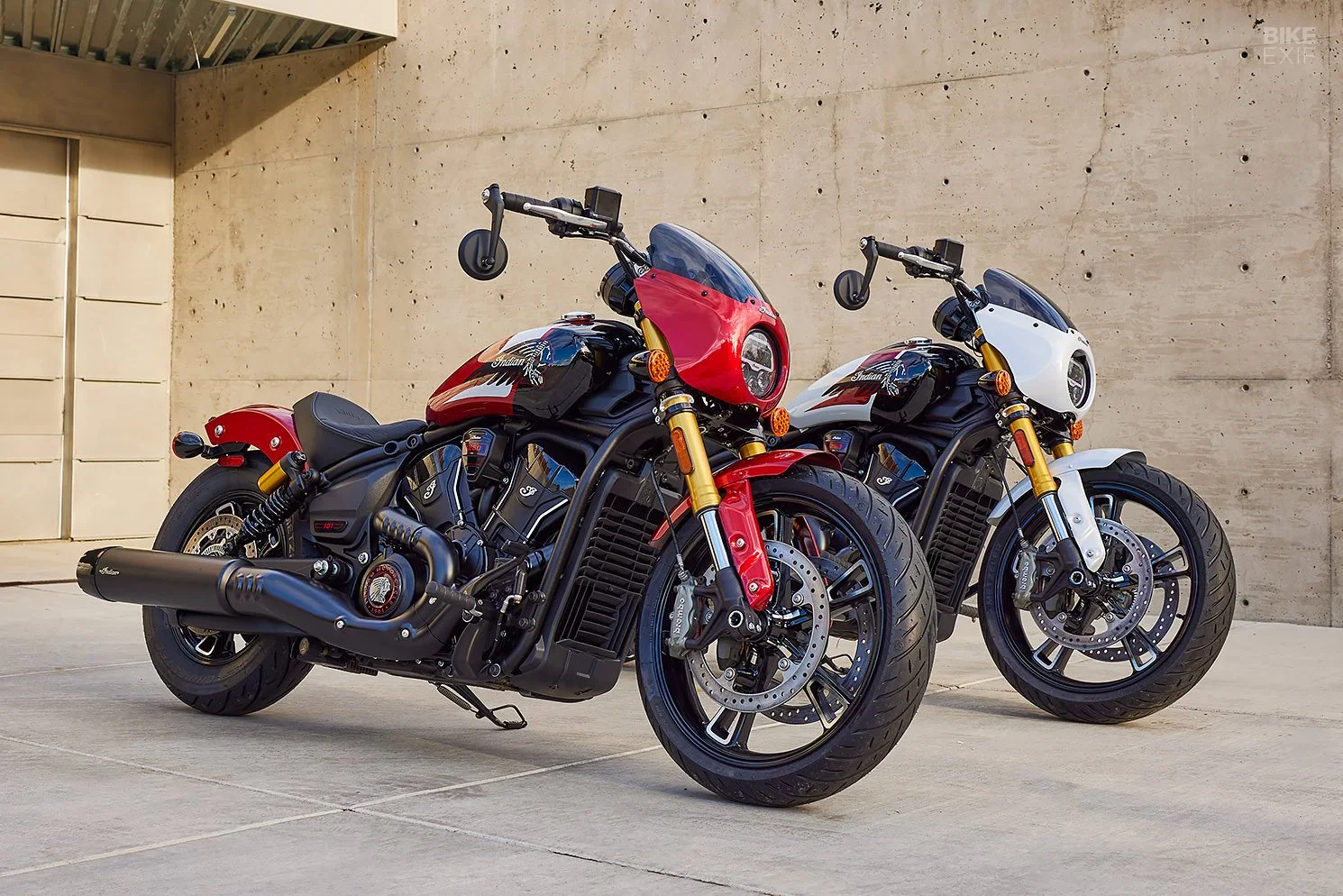 Indian Scout 101 motorcycles in red and white colorways