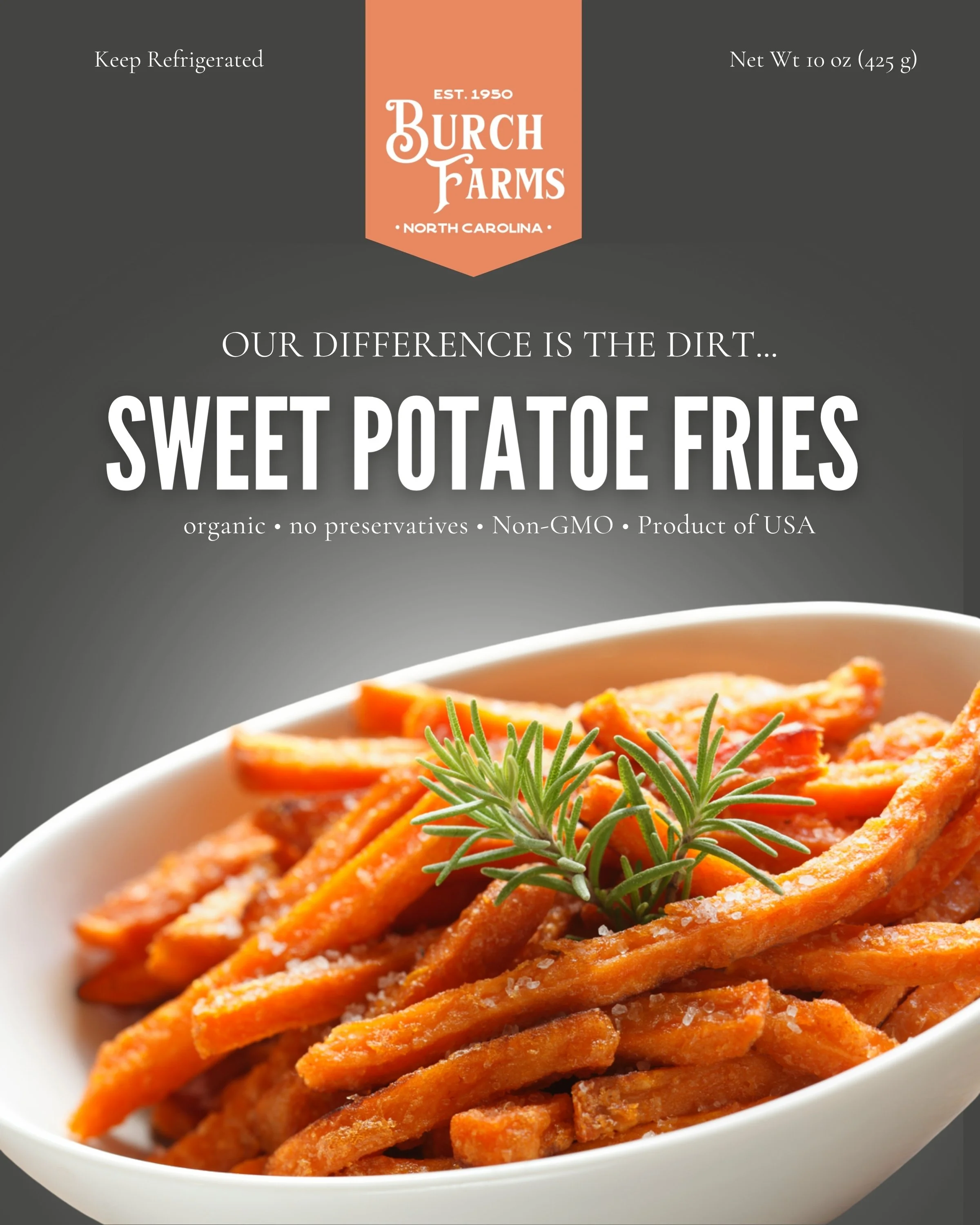 Burch Farms sweet potato fries packaging