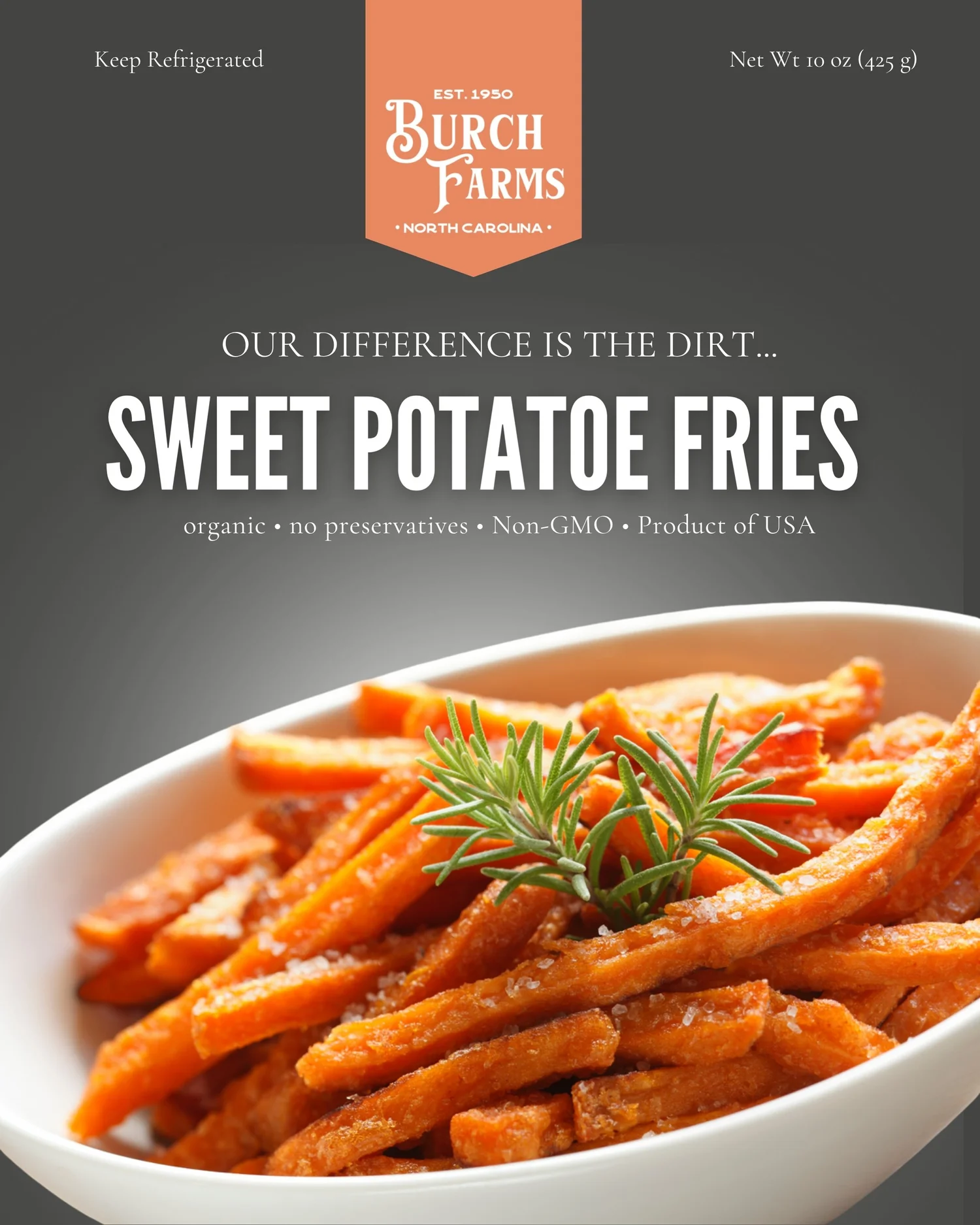 Burch Farms sweet potato fries packaging designed by Prim Marketing Group