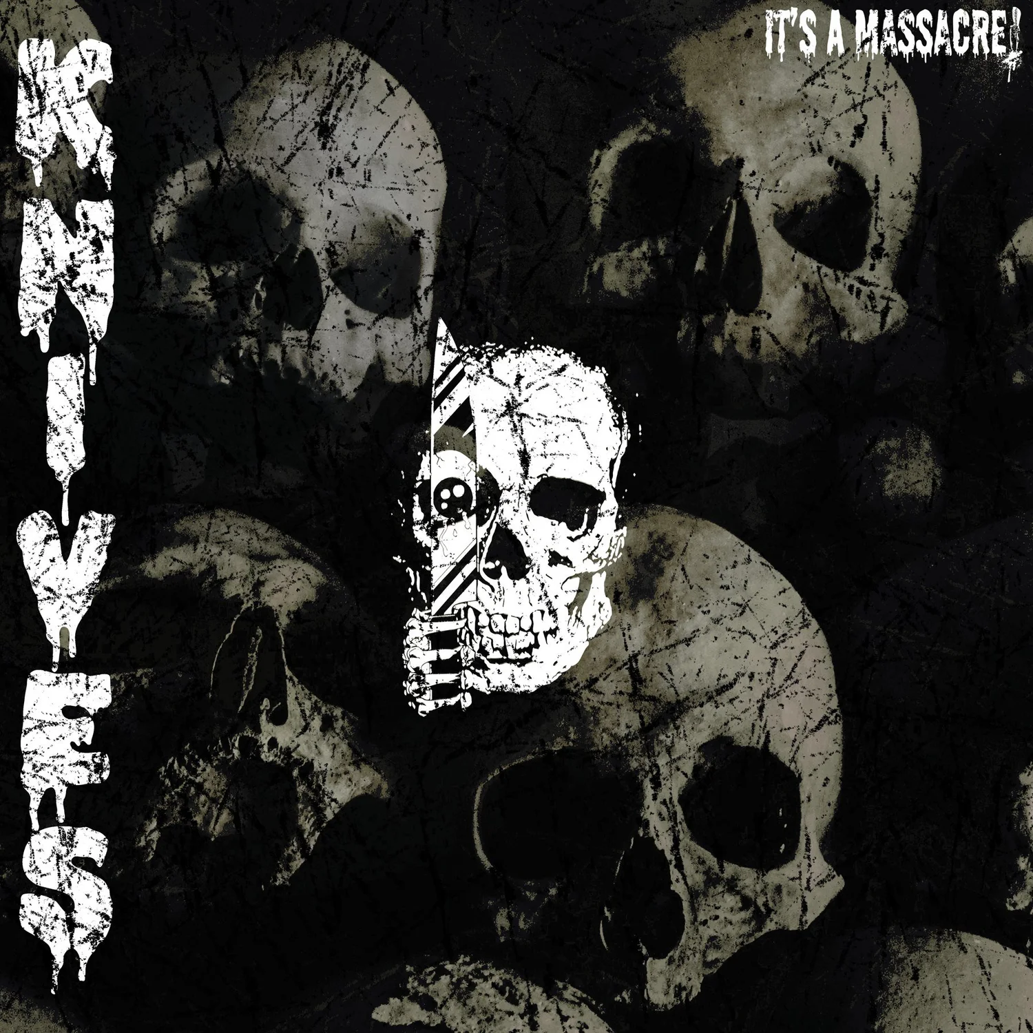 Knives EP cover with monochrome skull collage and a vertical title