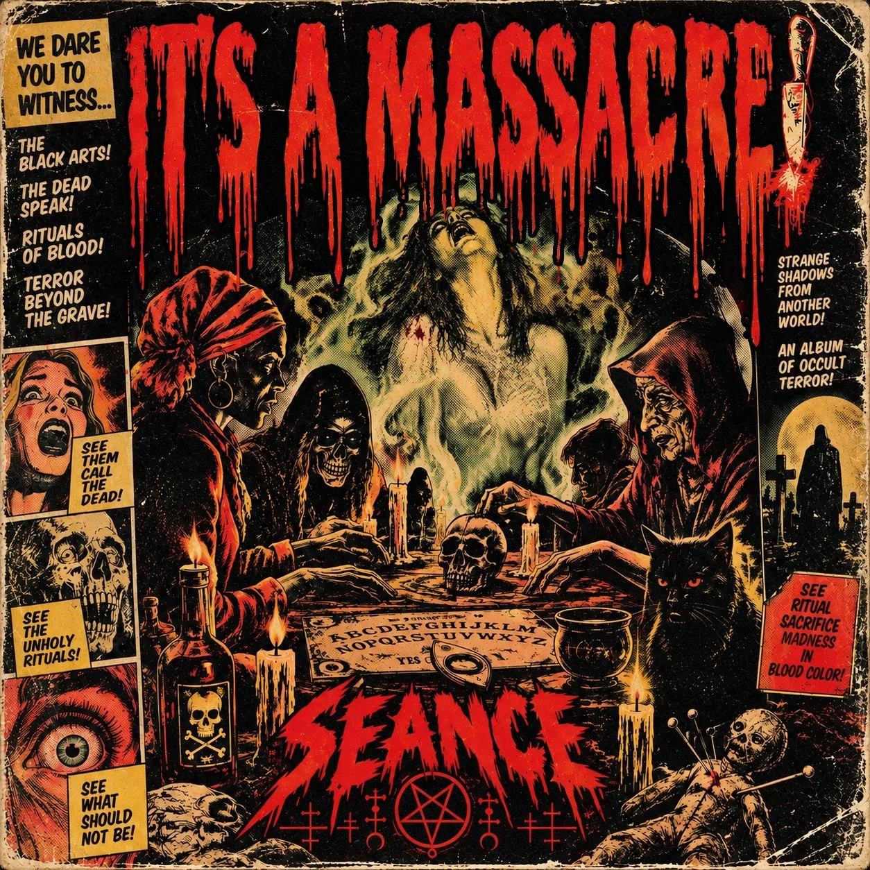 Séance concept artwork with red horror lettering and an illustrated ritual scene