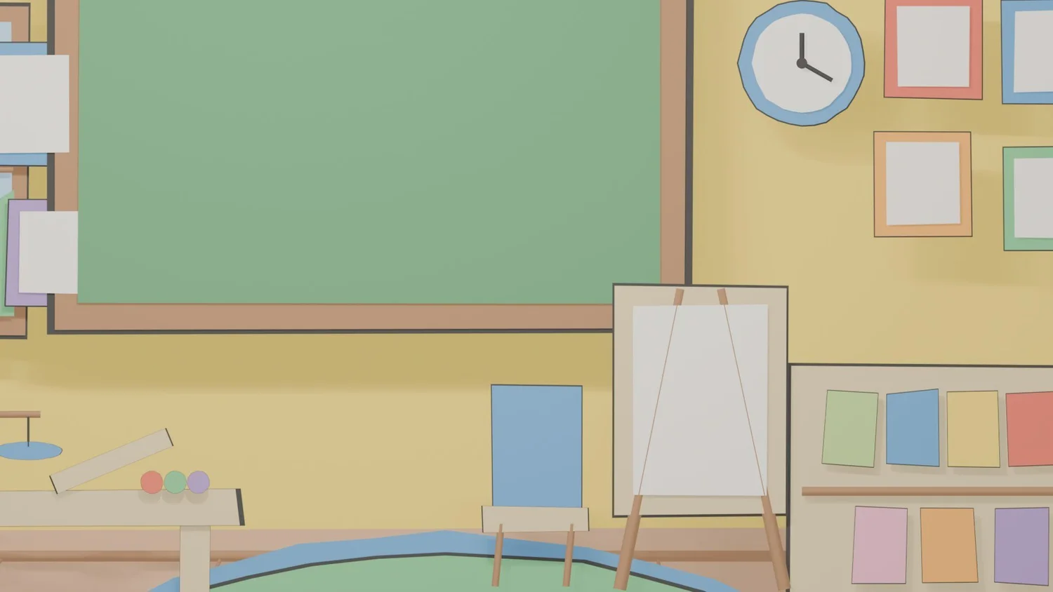 Pastel classroom stage with tables and a chalkboard
