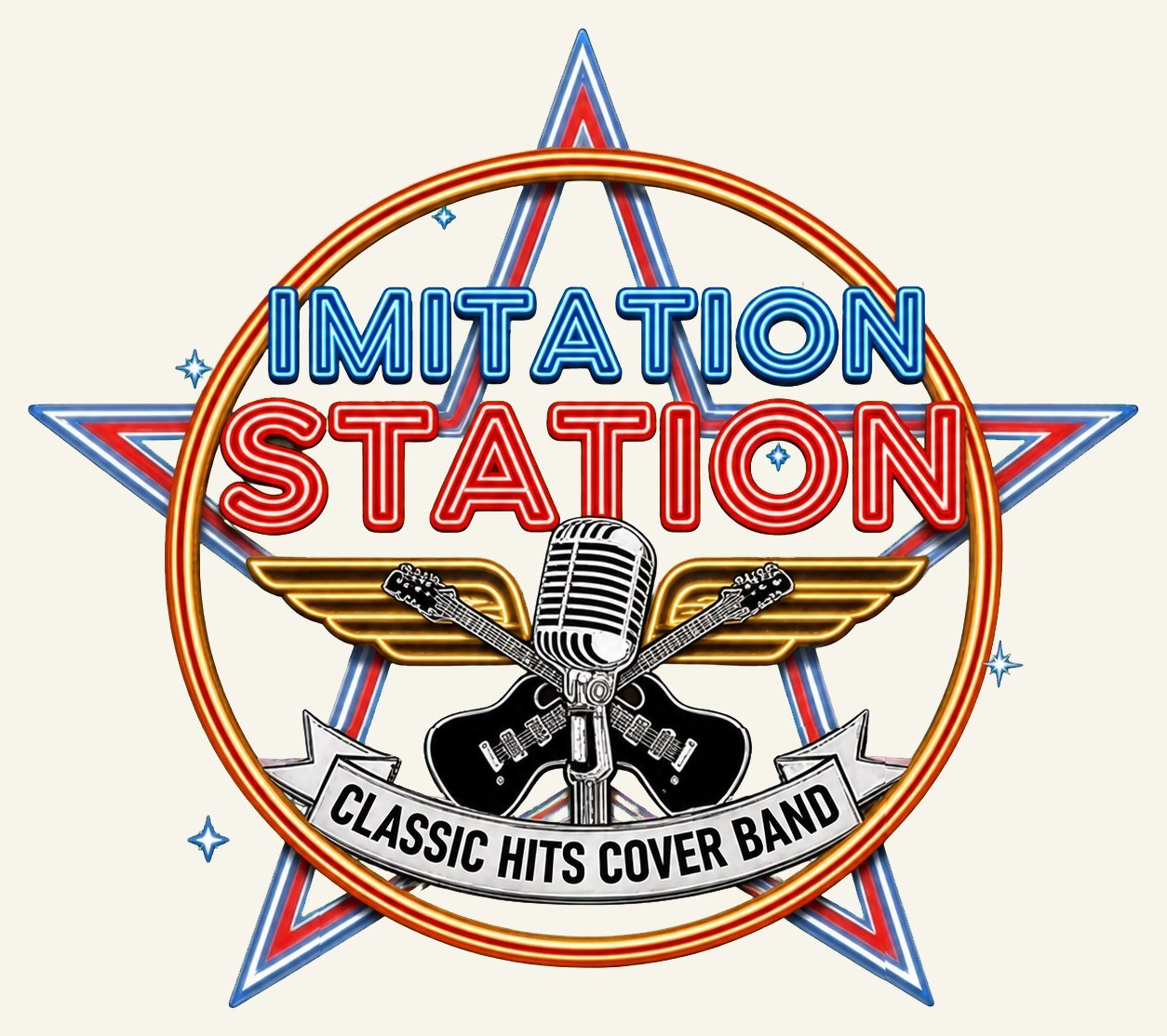 Full-color Imitation Station logo with guitars, microphone and star