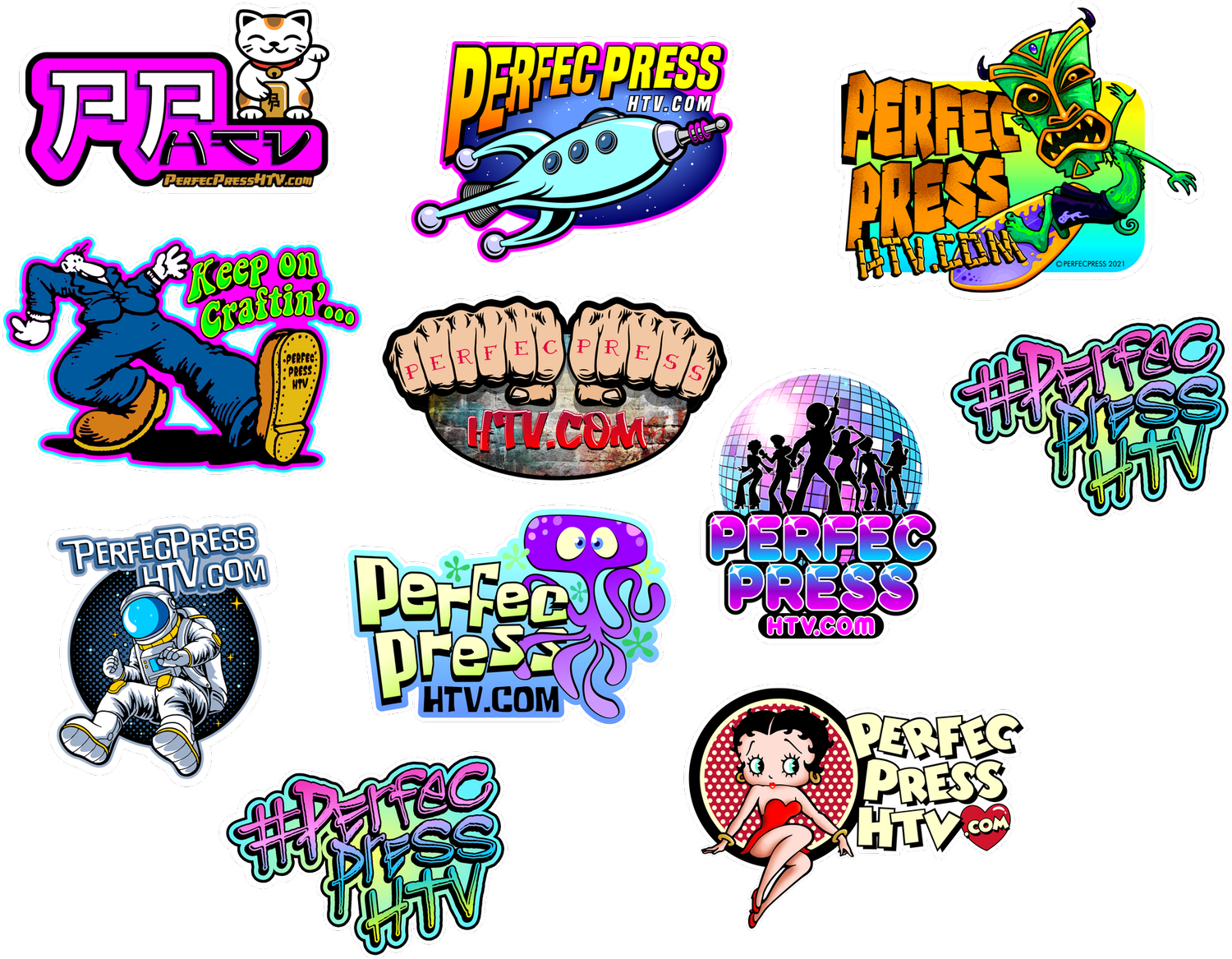 A collection of colorful PerfecPress decals