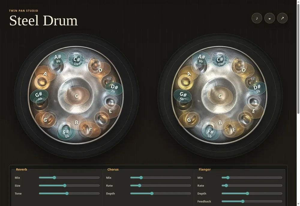 Twin Pan Studio interface with two steel pans and audio effects