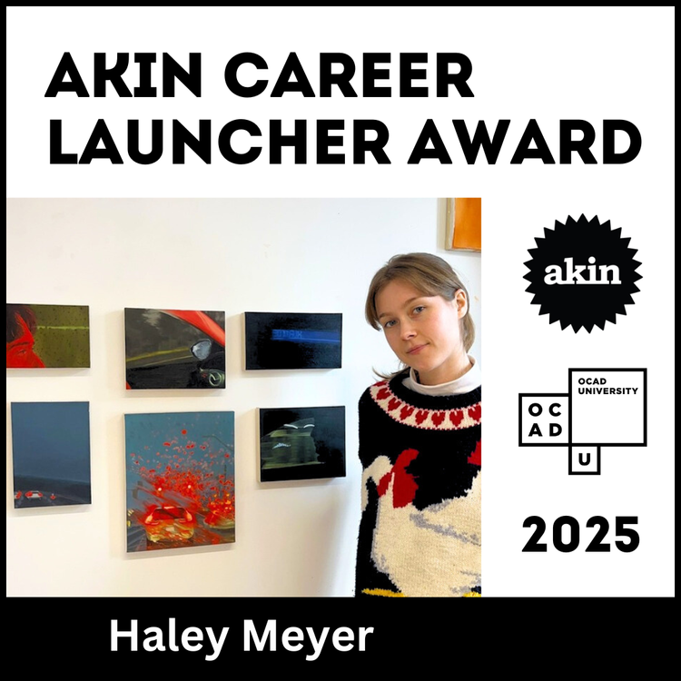 Image of Haley Meyer standing beside her paintings
