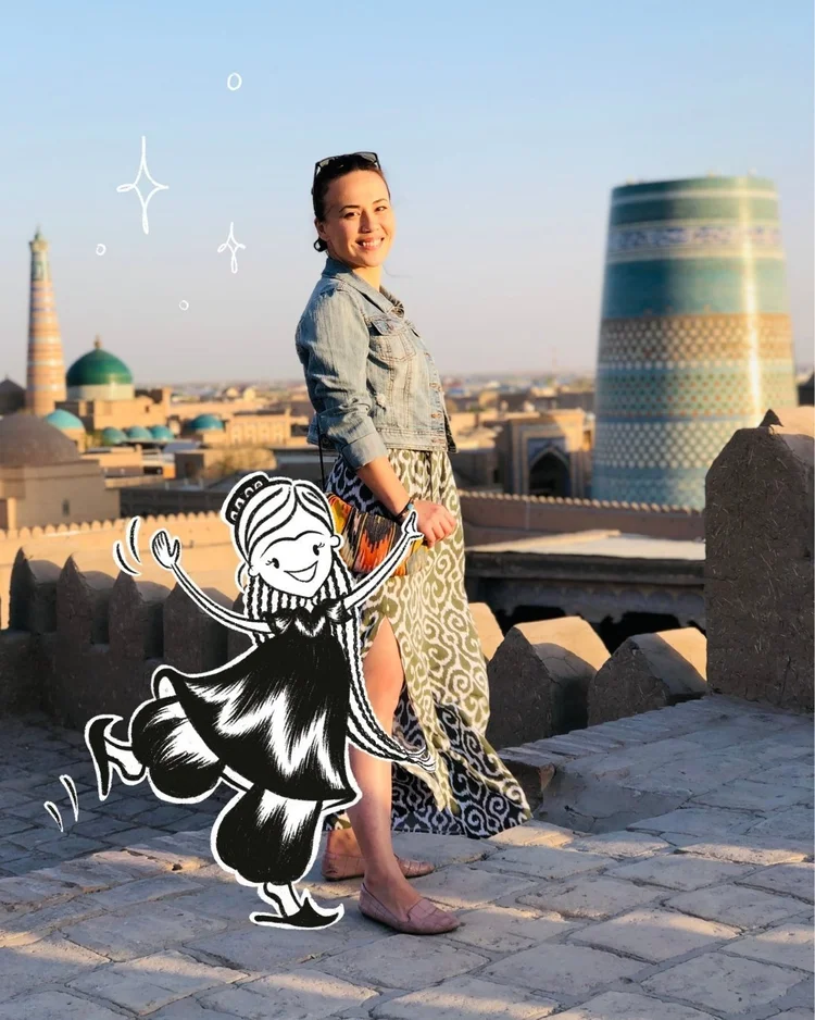 Image Description: A composite image featuring photos of the artist merged with a black-and-white illustration of a joyful young Uzbek girl. They are holding hands, both with bright smiles and the girl's arms raised in excitement.