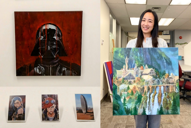 Two photos. On the left, Sophia Kim W’s paintings which are installed in the Akin Vitrine Gallery. On the right, Sophia Kim W standing and holding up one of her paintings and smiling. 