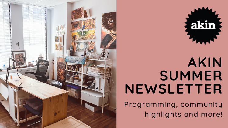 Image Description: On the left is a photo of an Akin Richmond-Bathurst studio, there is a painting on the wall, a table of art supplies, and a chair facing the painting. The studio is lit by daylight from a large window. On the right is a solid musta