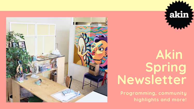 Image Description: On the left is a photo of an Akin Richmond-Bathurst studio, there is a painting on the wall, a table of art supplies, and a chair facing the painting. The studio is lit by daylight from a large window. On the right is a solid musta
