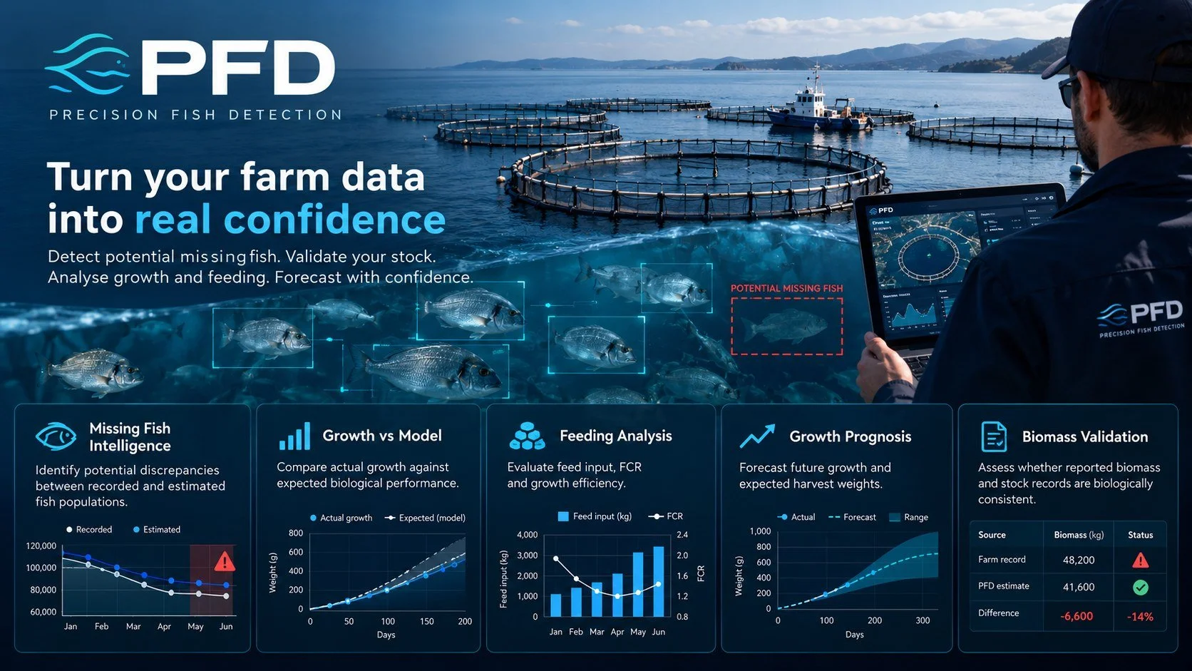 PFD concept illustration of farm records, growth analysis, feeding and biomass assessment