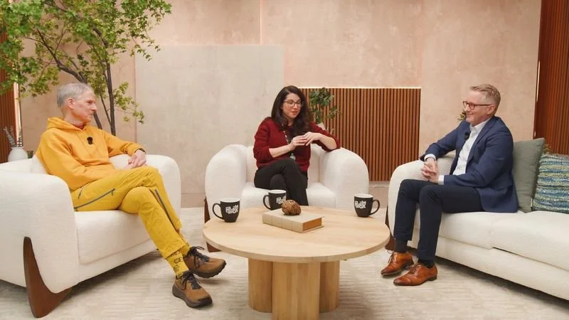 Dr. Ortiz listening and smiling with hosts Heather Berlin and Christof Koch on Science of Perception Box