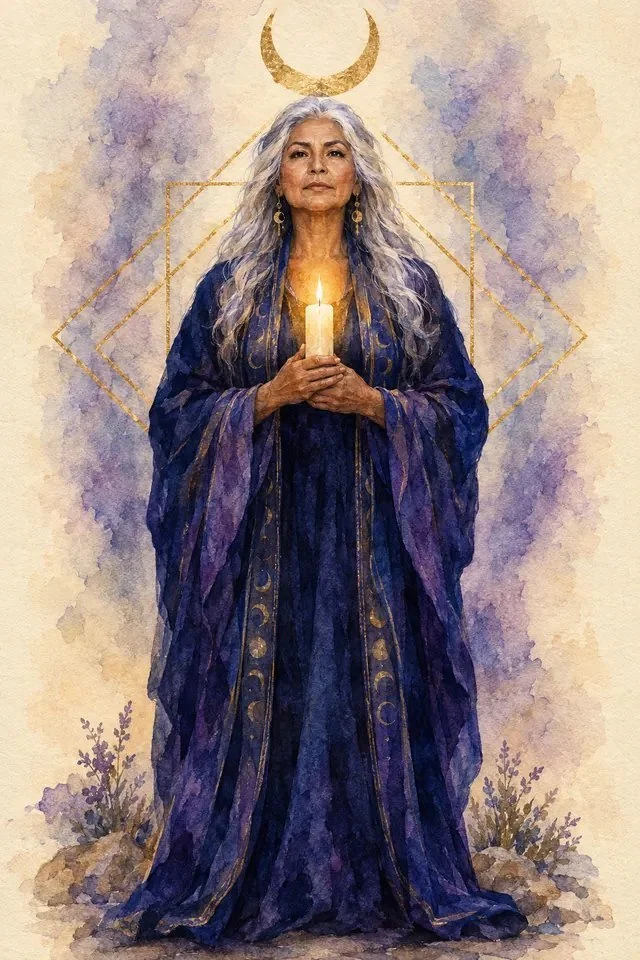 Watercolor of a wise woman as The Priestess