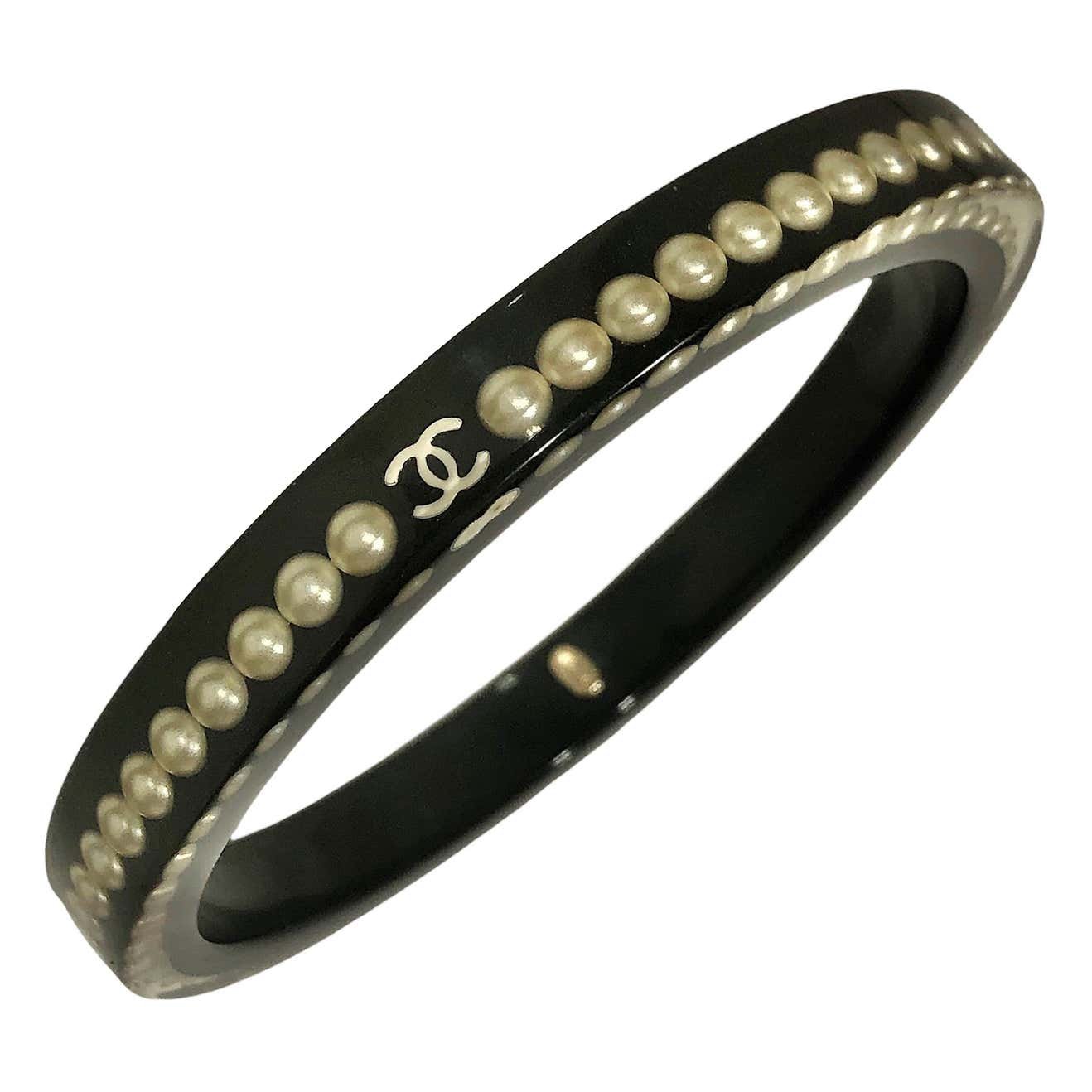 Chanel Clear and Black Resin Narrow Bangle with CC and Faux Pearls Embedded  — Benchmark of Palm Beach