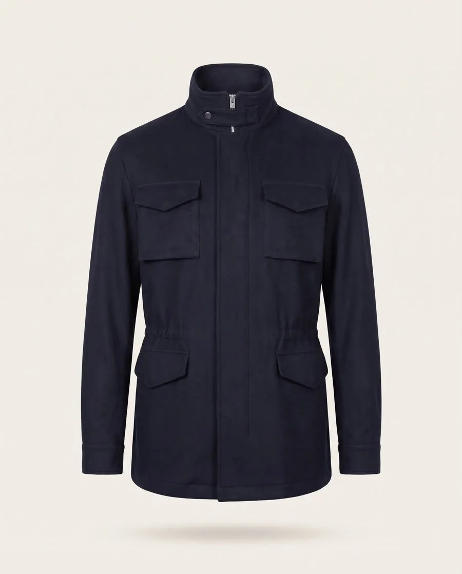 Navy cashmere field jacket, a one-of-one showroom sample