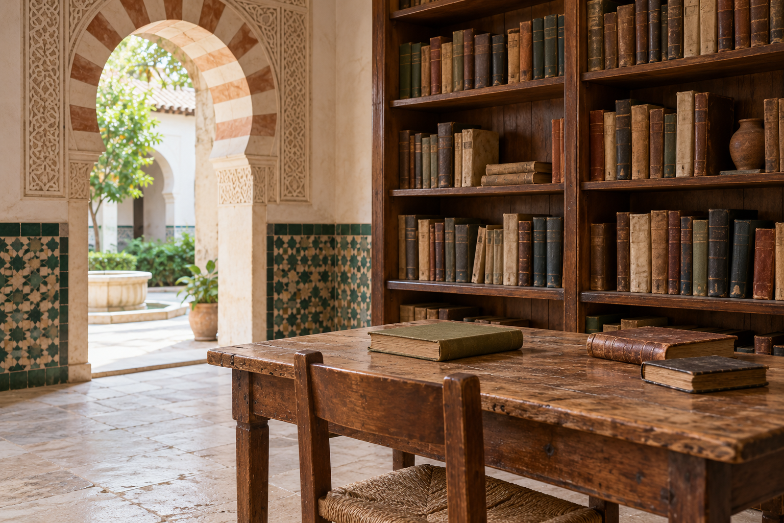 An Andalusian library with books and a study table