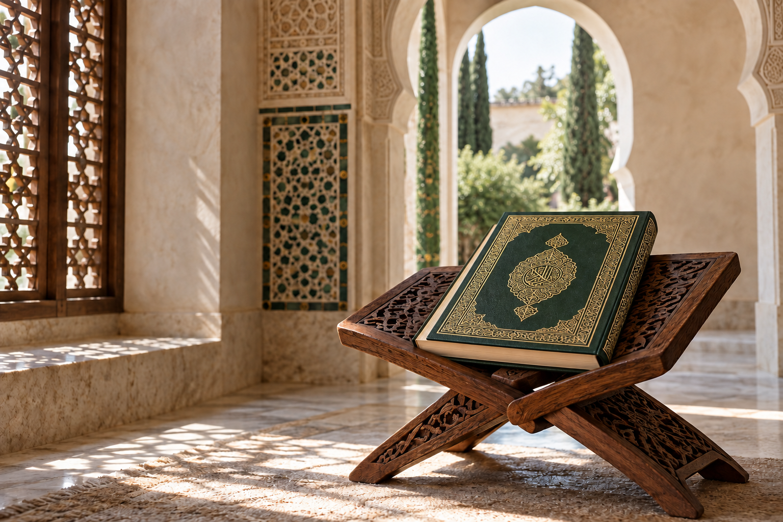 A Quran resting on a carved wooden stand in a quiet Andalusian alcove