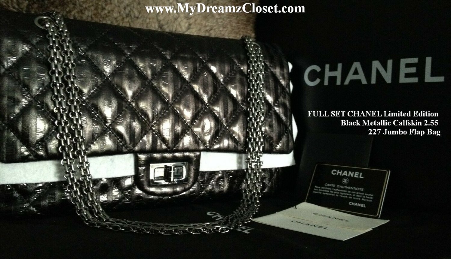 FULL SET CHANEL Limited Edition Black Metallic Calfskin 2.55 227 Jumbo Flap  Bag - My Dreamz Closet
