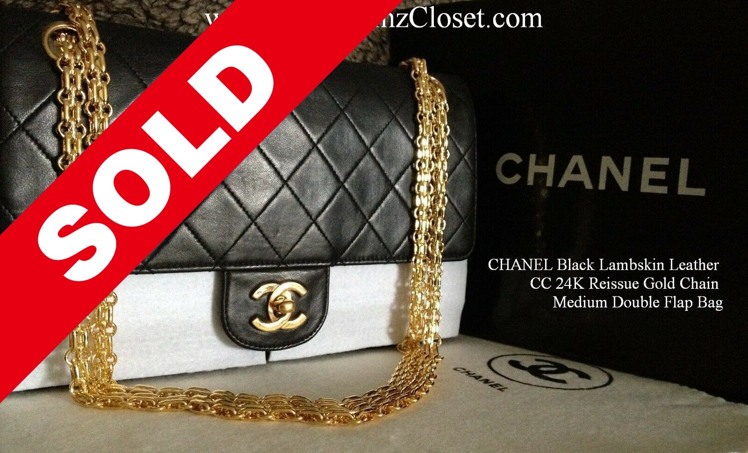 SOLD - CHANEL Black Lambskin Leather CC 24K Reissue Gold Chain Medium  Double Flap Bag - My Dreamz Closet