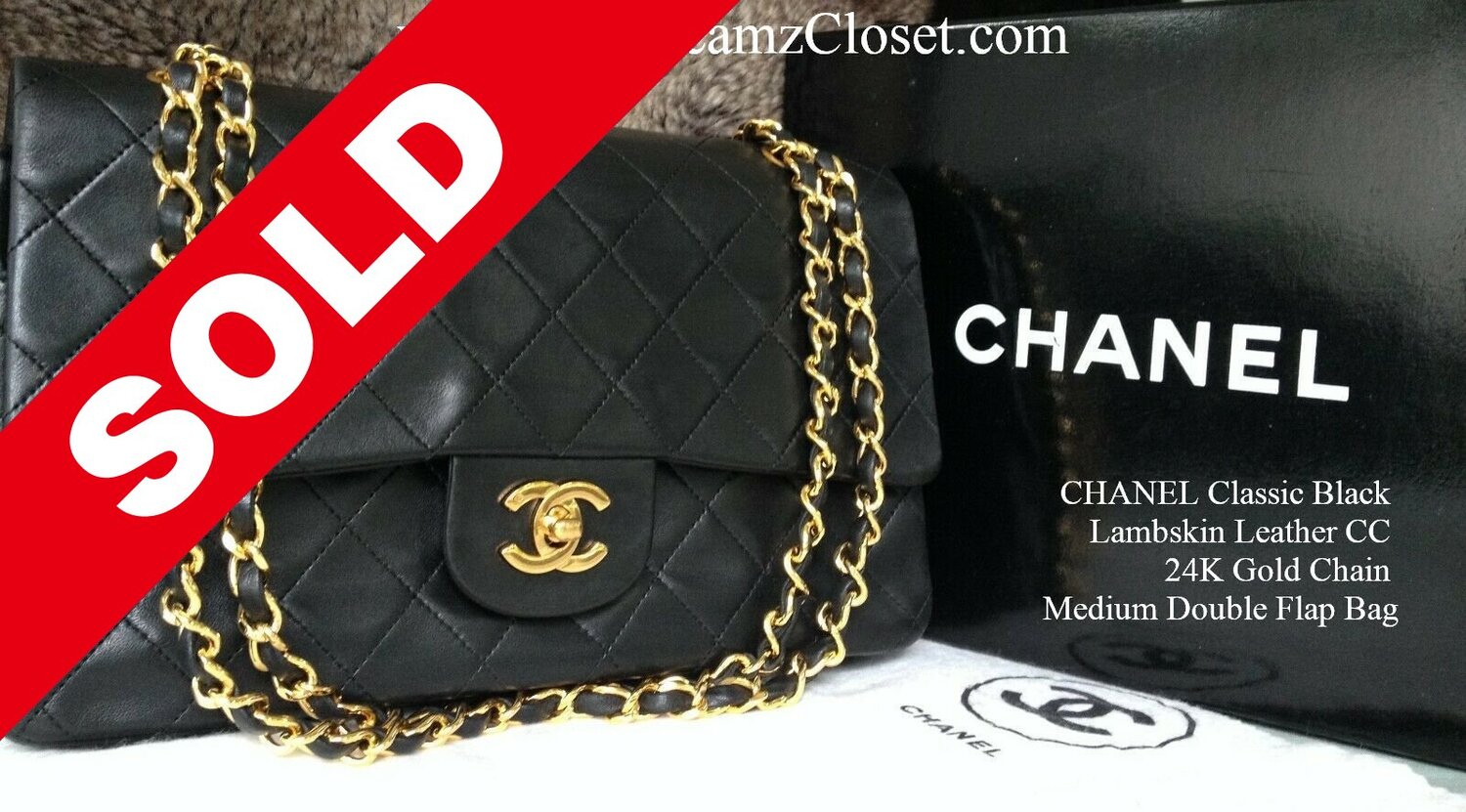 CHANEL Classic Black Lambskin Leather CC 24K Gold Chain