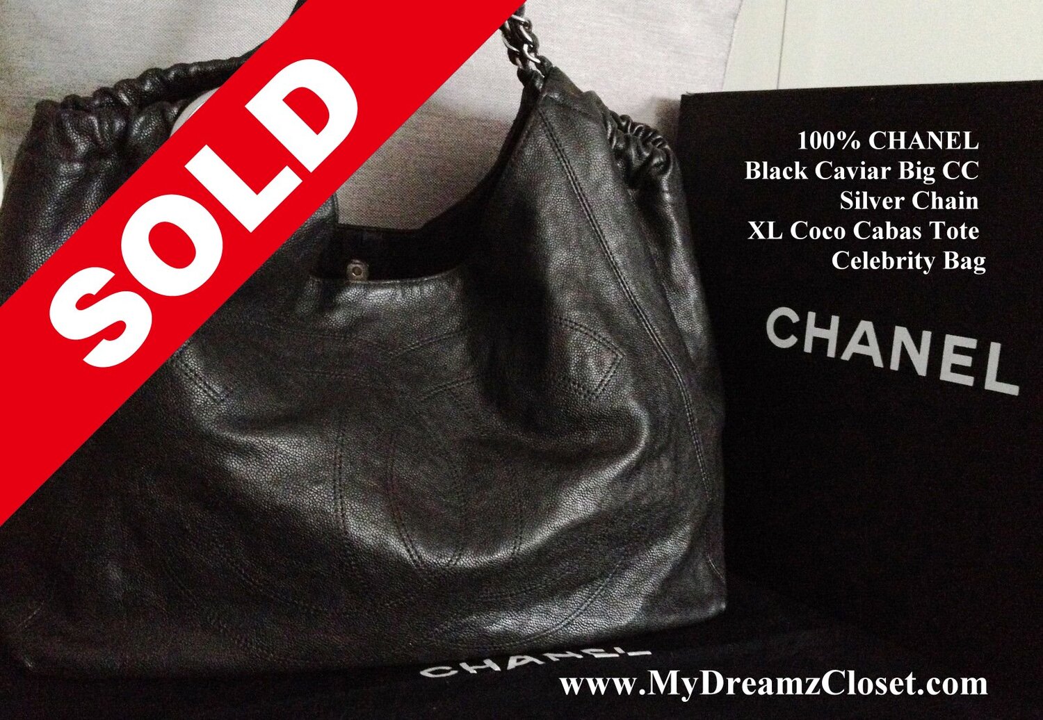 SOLD CAVIAR 22 - 100% CHANEL Black Caviar Big CC Silver Chain XL Coco Cabas  Tote Celebrity Bag - My Dreamz Closet