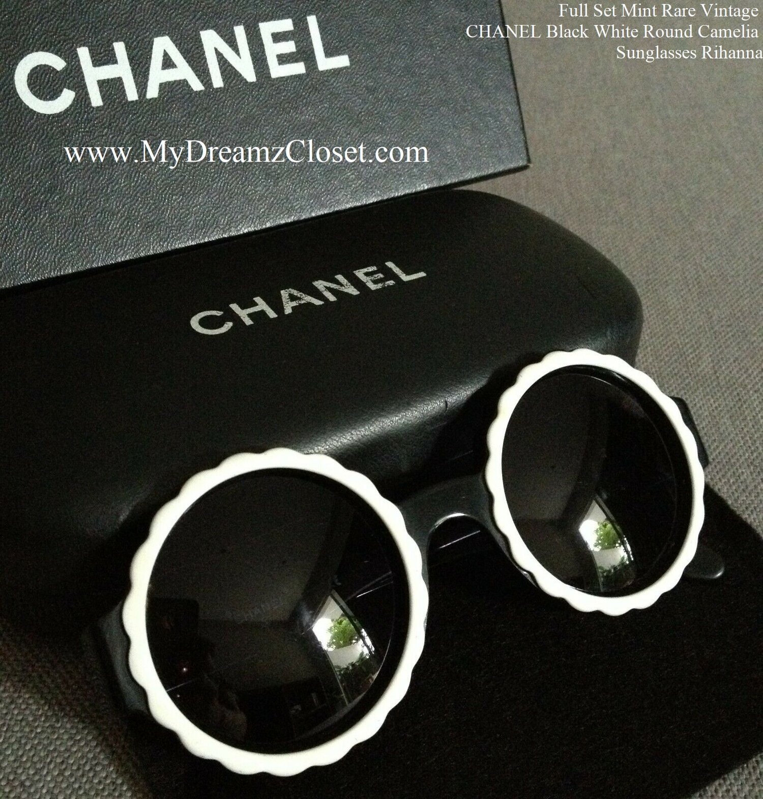 Vintage CHANEL black round frame mod sunglasses with white CHANEL