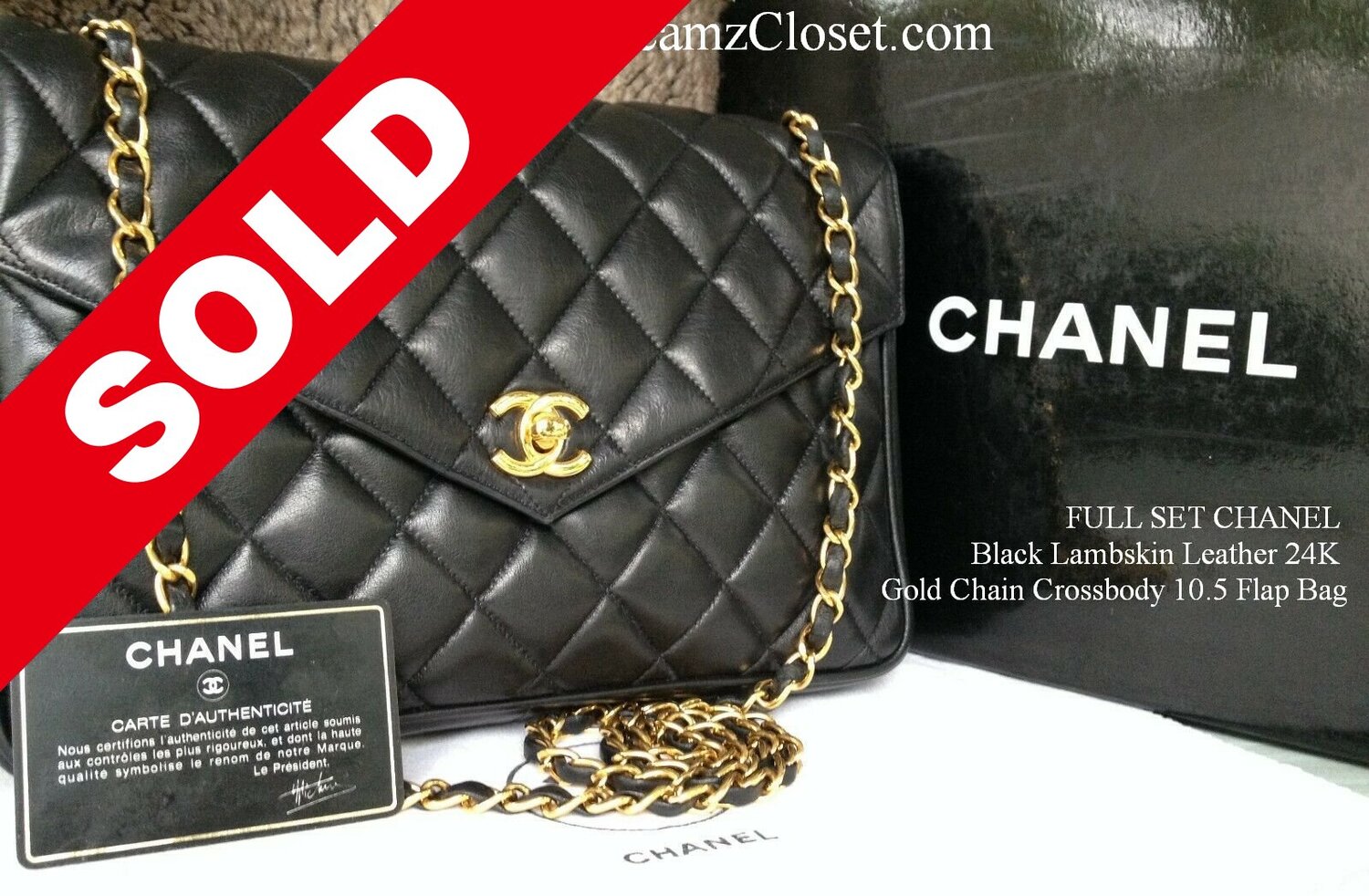 FULL SET CHANEL Black Lambskin Leather 24K Gold Chain Crossbody 10.5 Flap  Bag - My Dreamz Closet