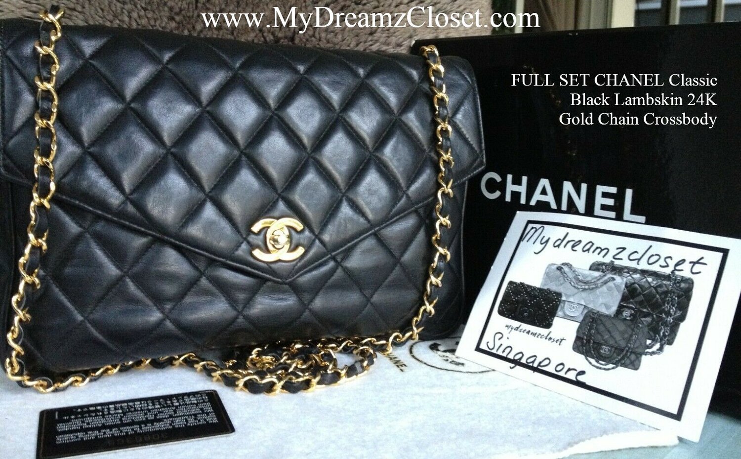 FULL SET CHANEL Classic Black Lambskin 24K Gold Chain Crossbody 10.5 Flap  Bag - My Dreamz Closet