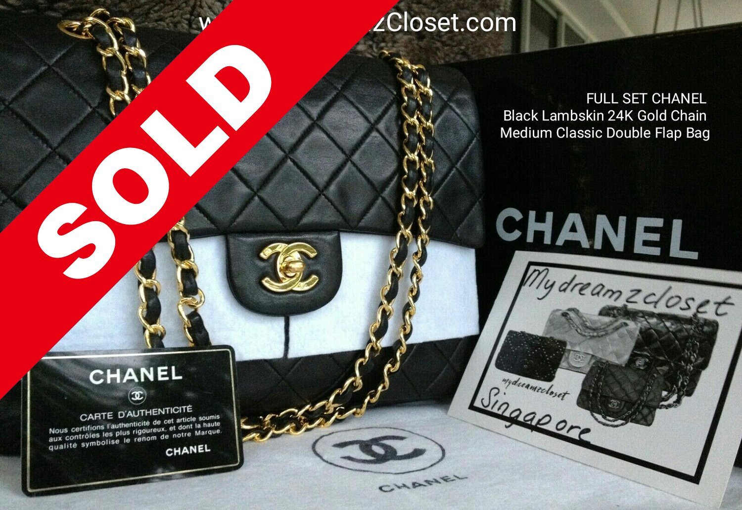 FULL SET CHANEL Black Lambskin 24K Gold Chain Medium Classic Double Flap Bag  - My Dreamz Closet