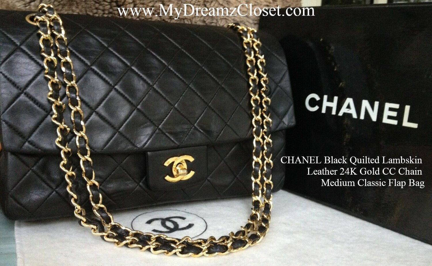 CHANEL Black Quilted Lambskin Leather 24K Gold CC Chain Medium Classic Flap  Bag - My Dreamz Closet