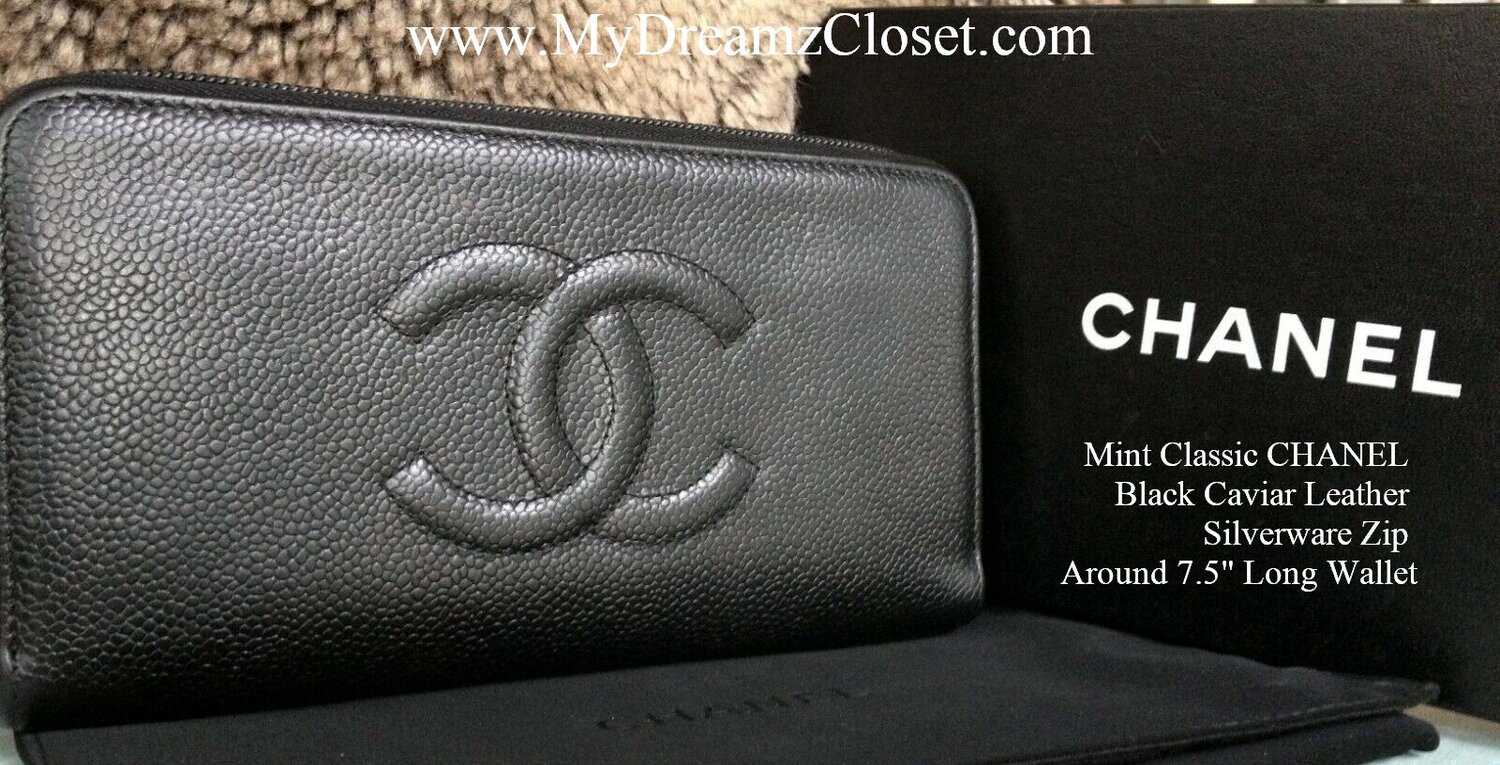 Chanel Black Caviar Skin Long Wallet Silver Metal Round Zipper 10cm x 19cm  x 2cm