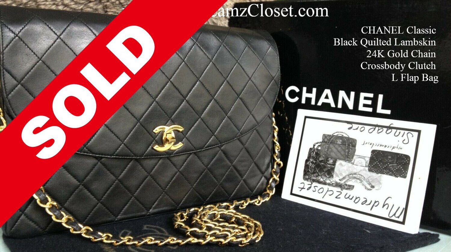 CHANEL Classic Black Quilted Lambskin 24K Gold Chain Crossbody Clutch L Flap  Bag - My Dreamz Closet
