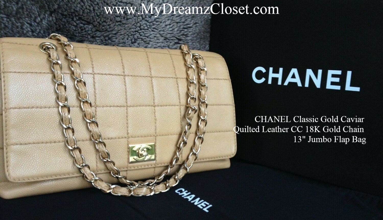 CHANEL Classic Gold Caviar Quilted Leather CC 18K Gold Chain 13